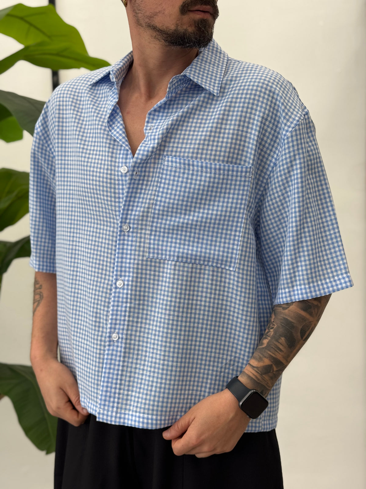 Boxy half-sleeve striped shirt 