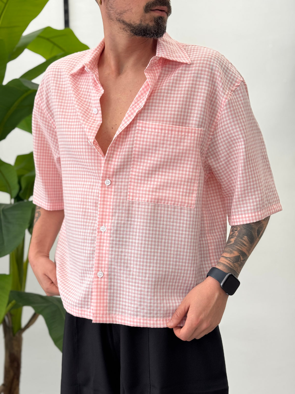 Boxy half-sleeve striped shirt 