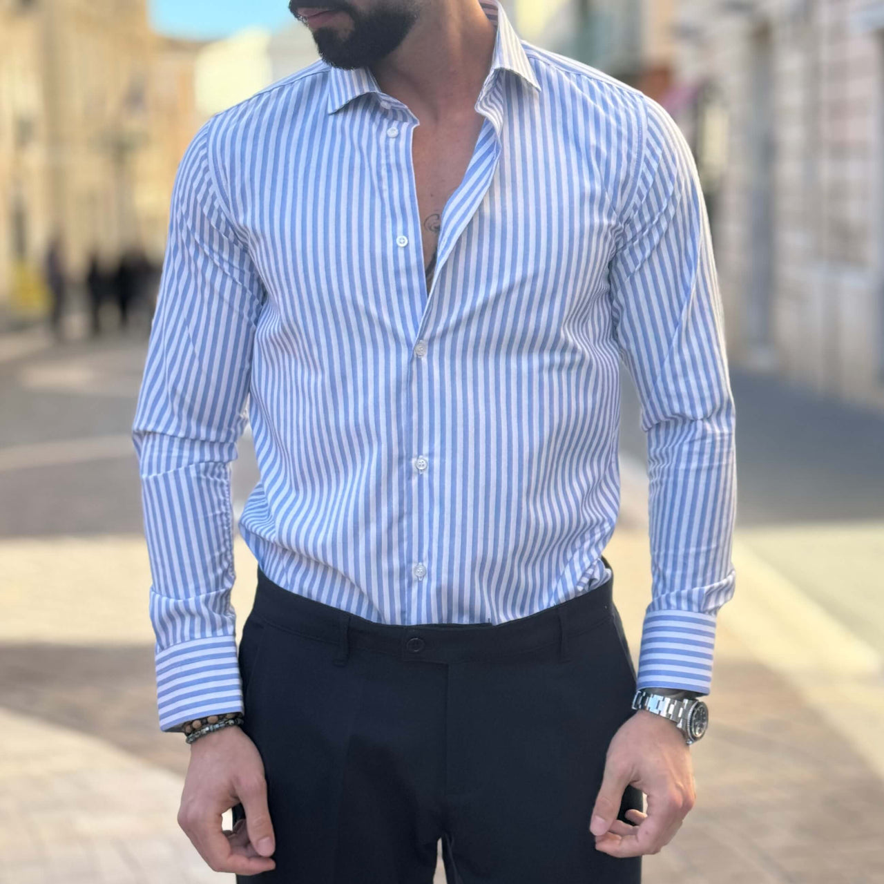 Camicia azzurra a righe larghe - FLAG STORE