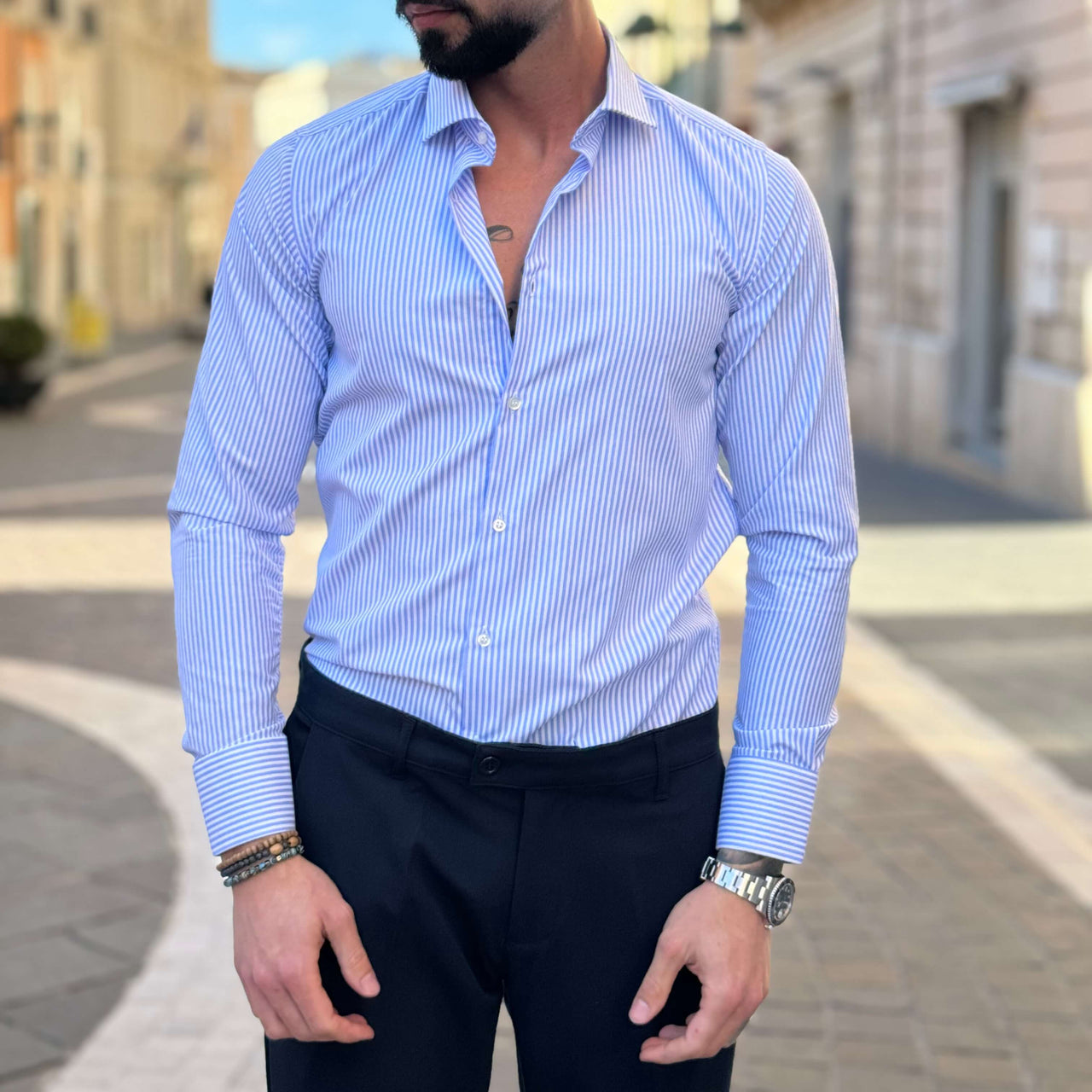 Camicia azzurra a righe strette - FLAG STORE