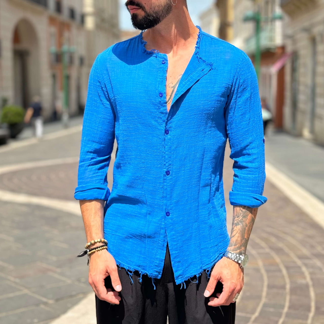 Camicia blu con collo sfrangiato - FLAG STORE