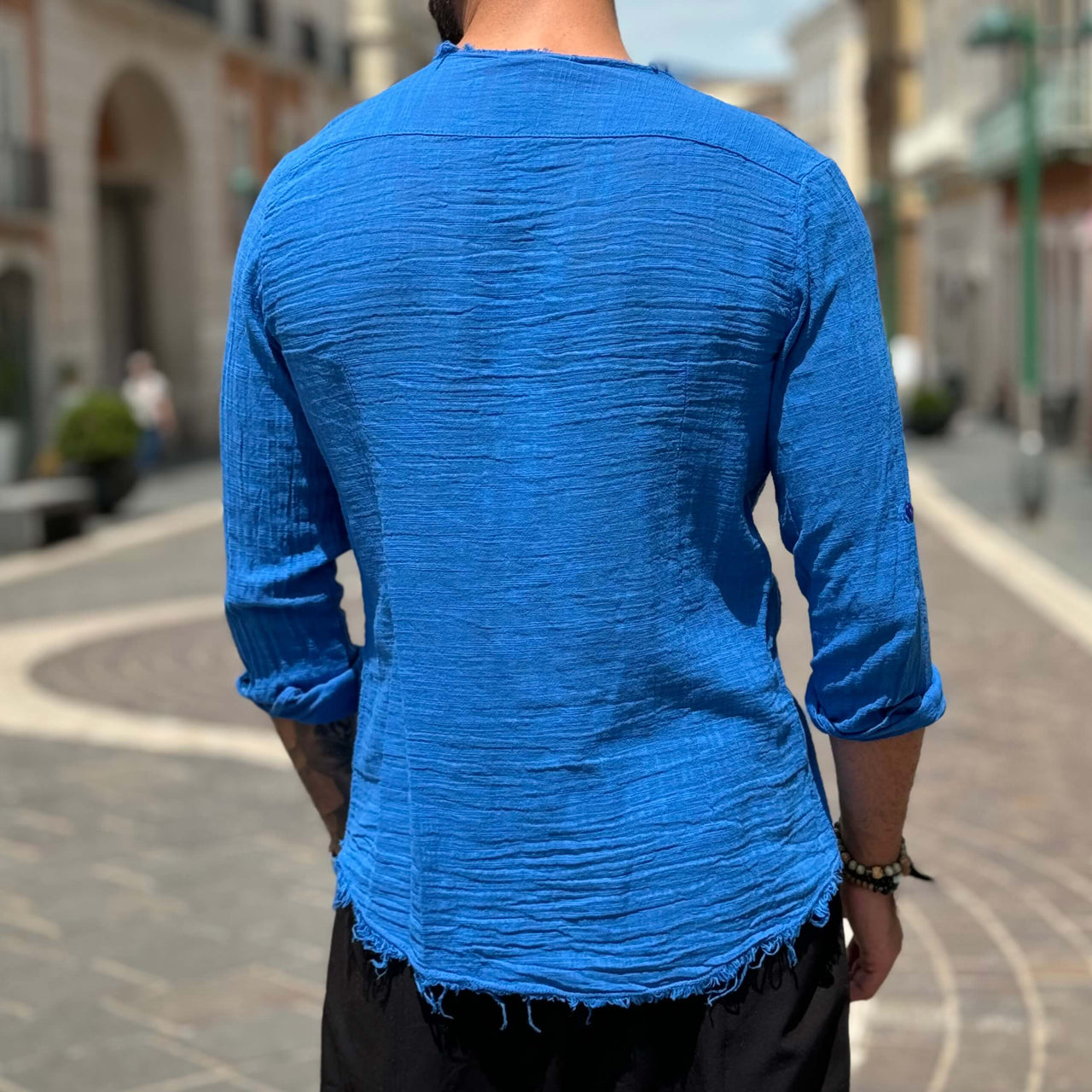 Camicia blu con collo sfrangiato - FLAG STORE