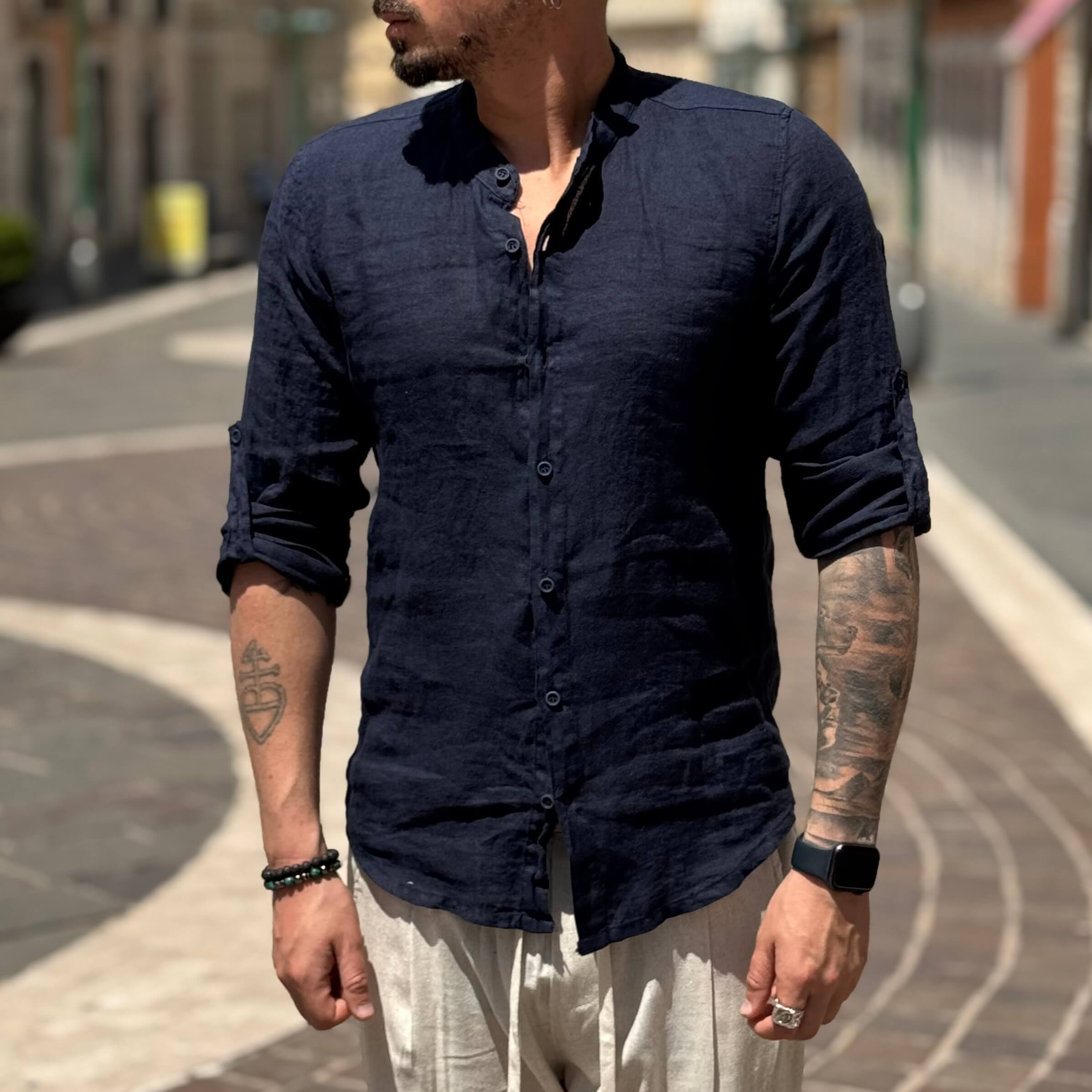 Camicia di lino Collo Coreano