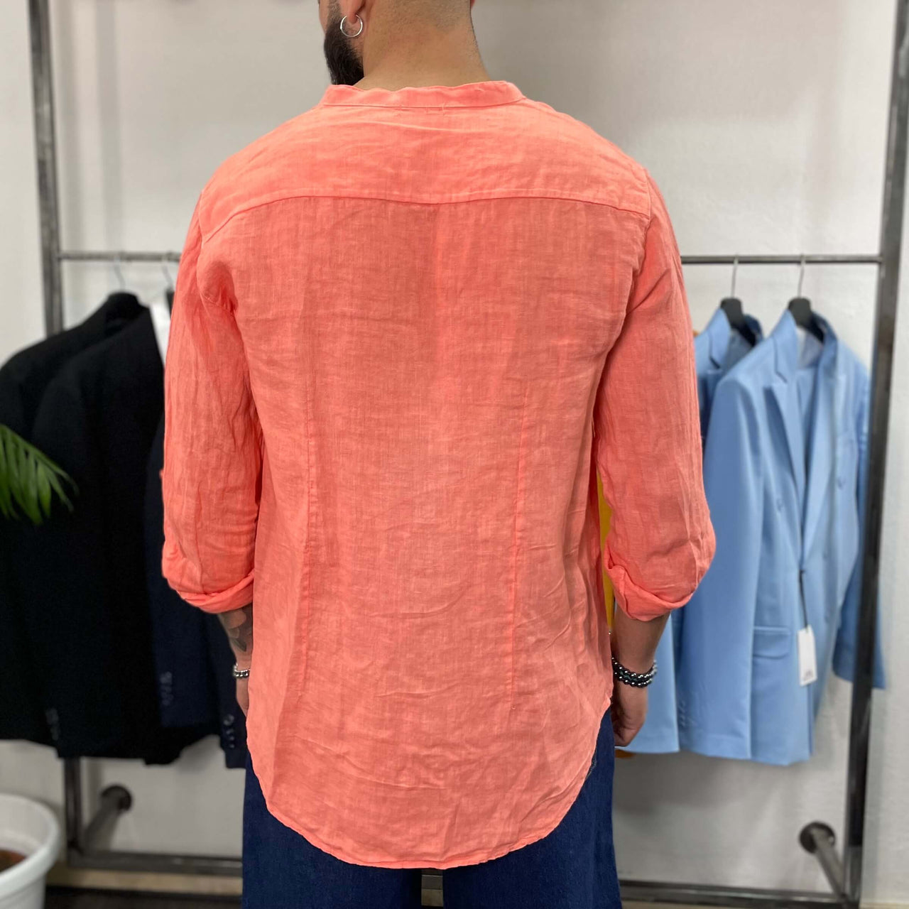 Camicia di lino rosa corallo collo coreano - FLAG STORE