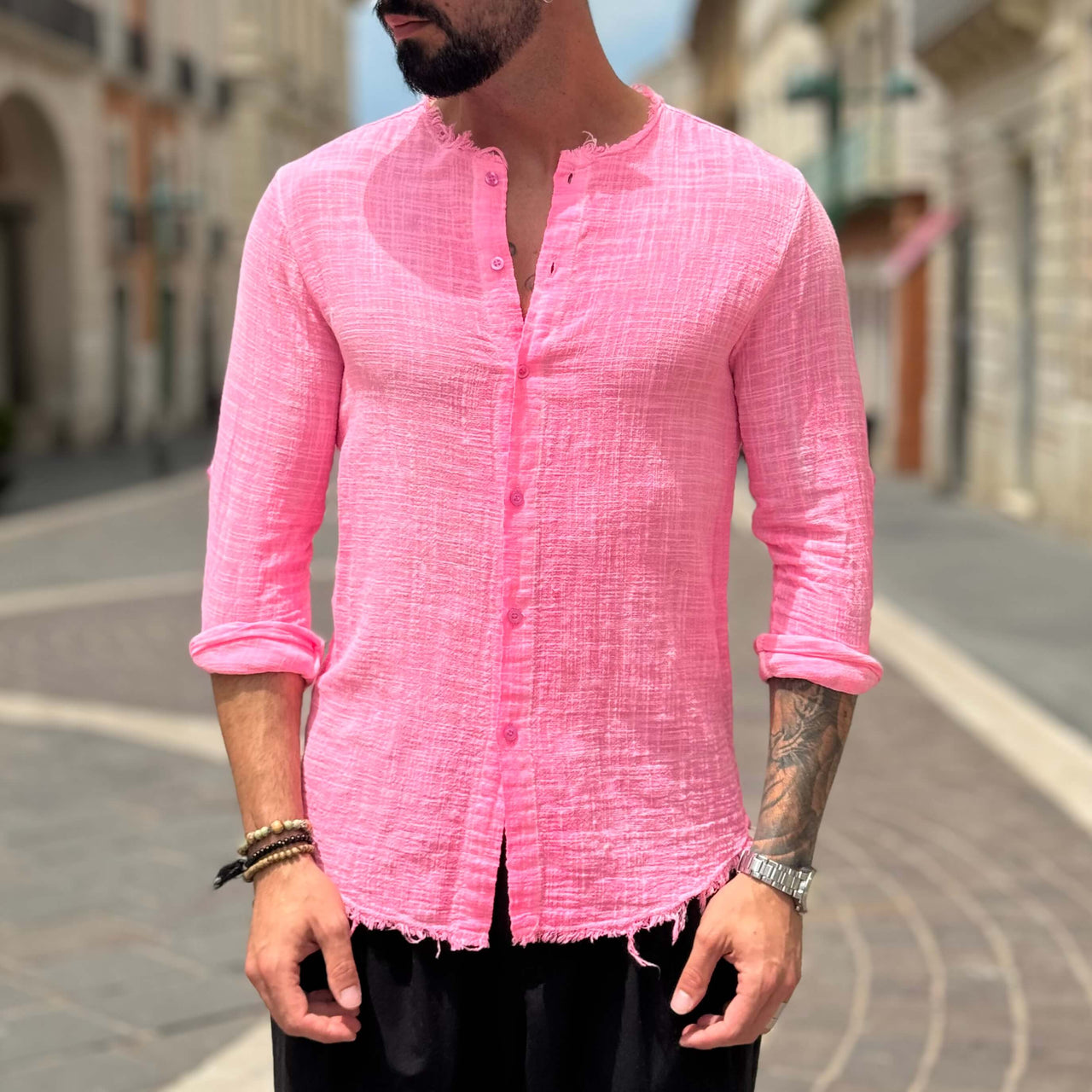 Camicia fucsia fluo con collo sfrangiato - FLAG STORE