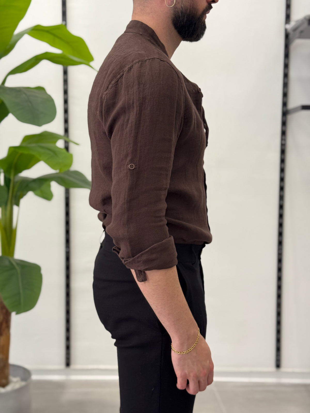 Linen Shirt with Korean Collar 