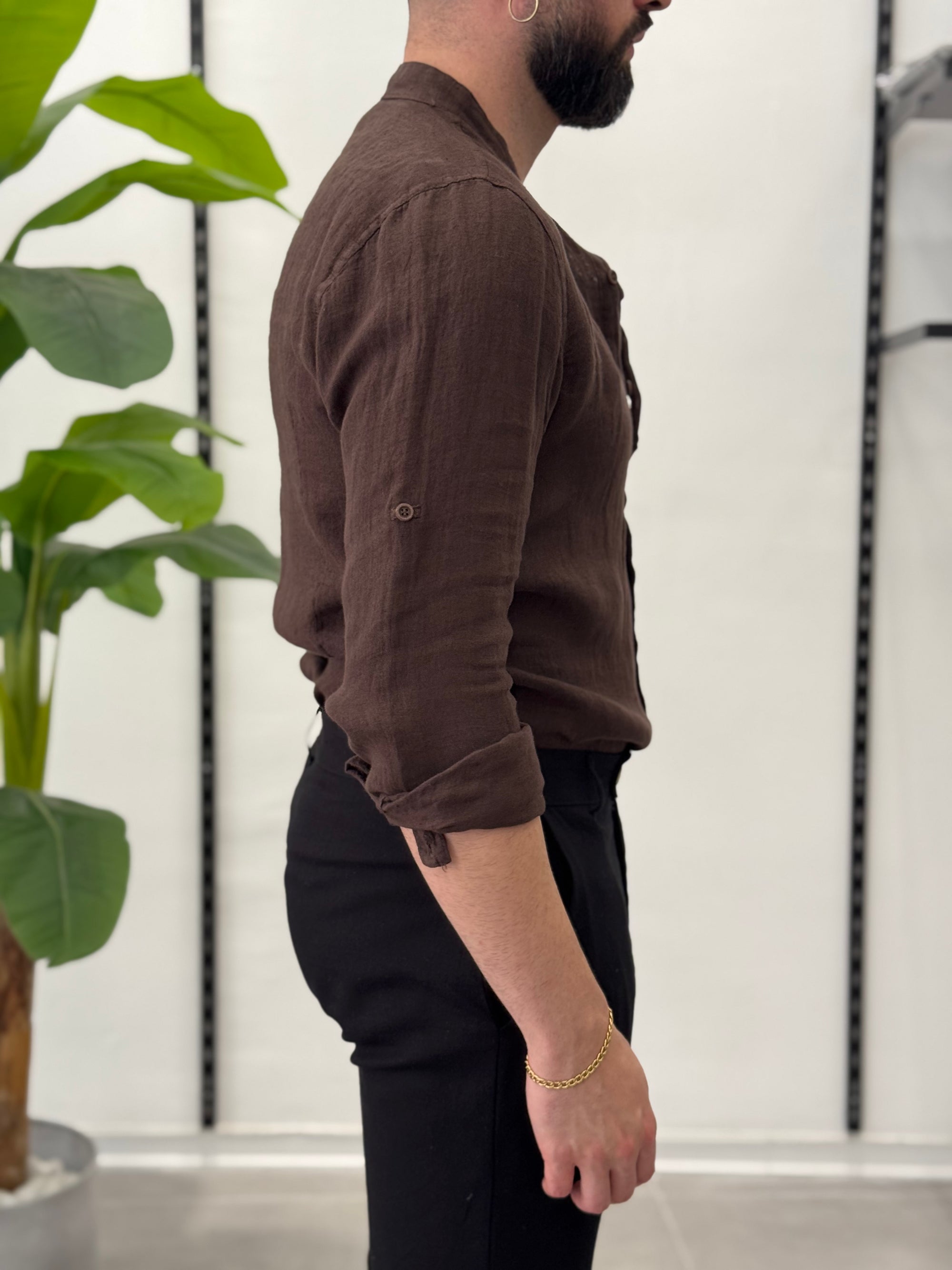 Linen Shirt with Korean Collar 