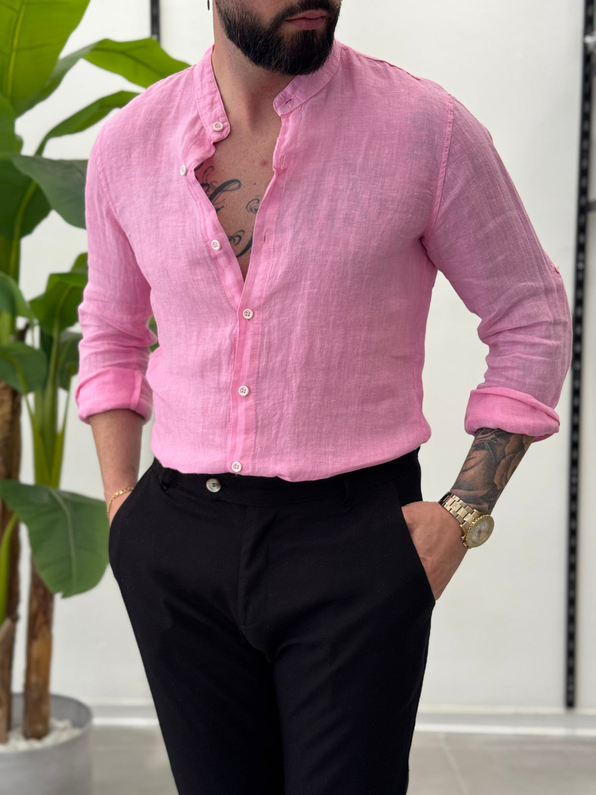 Linen Shirt with Korean Collar 