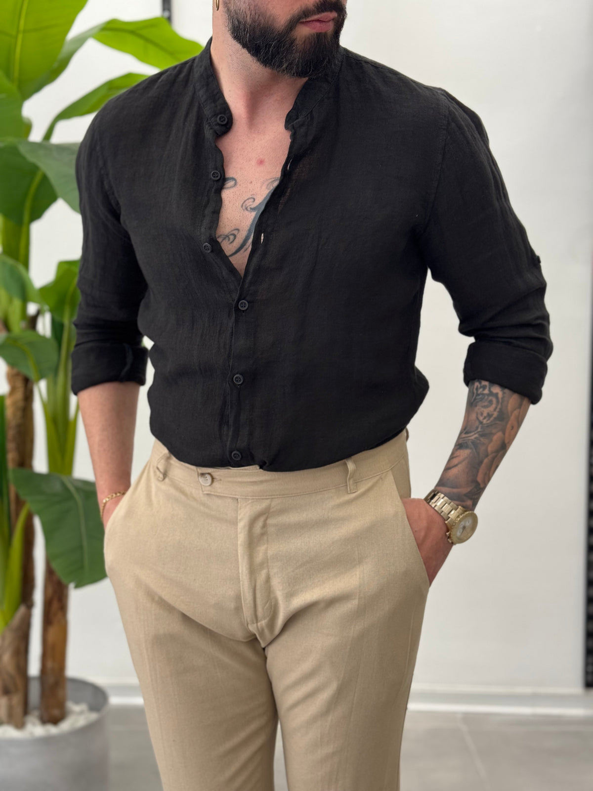 Linen Shirt with Korean Collar 