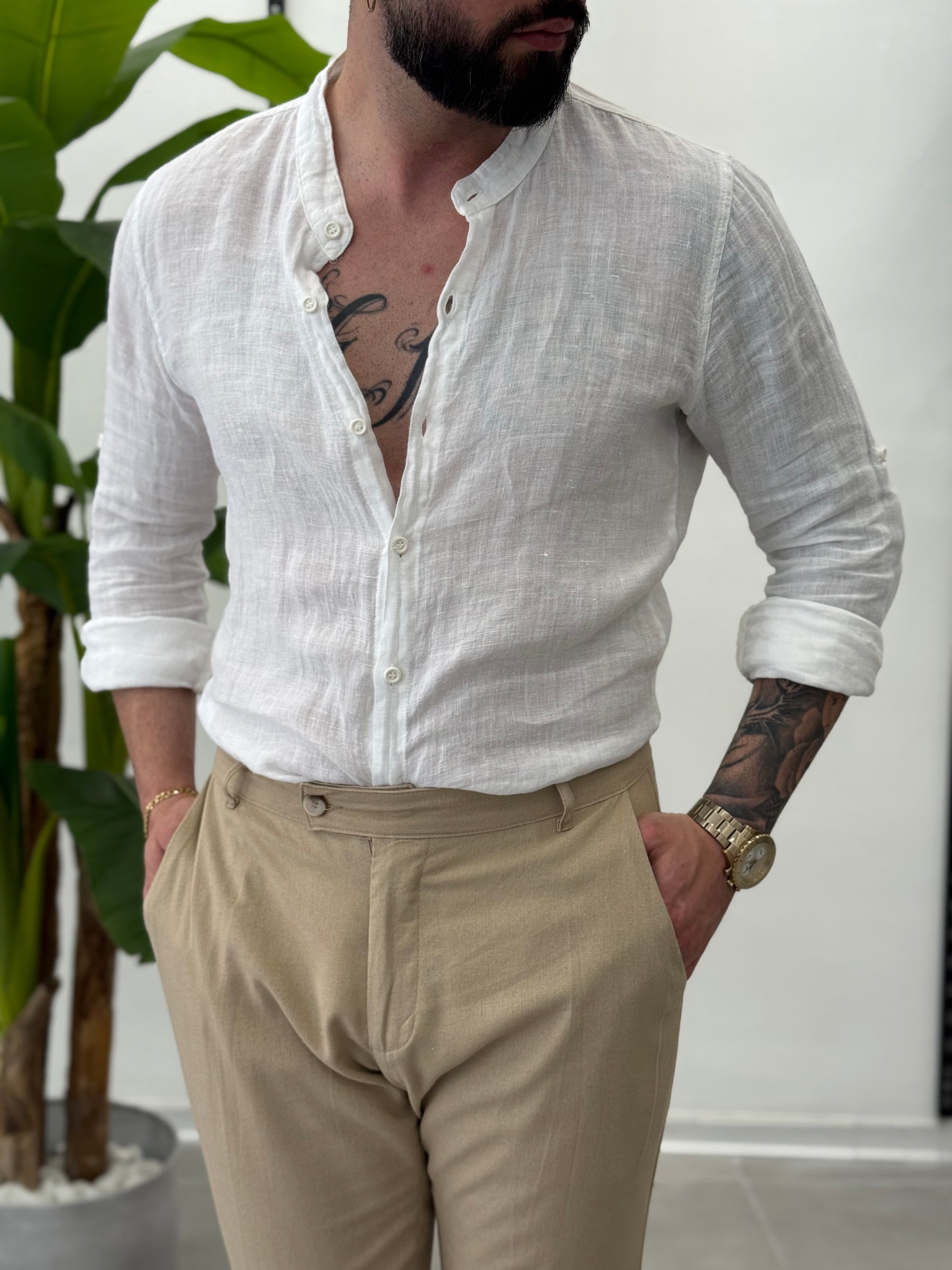 Linen Shirt with Korean Collar 