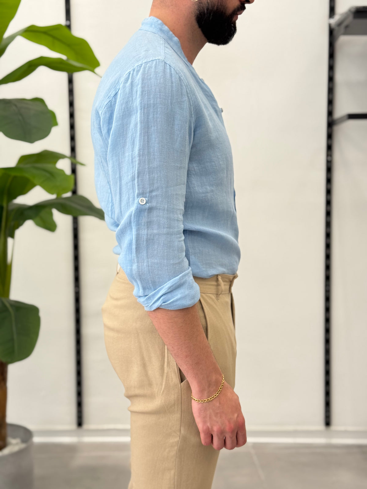 Linen Shirt with Korean Collar 