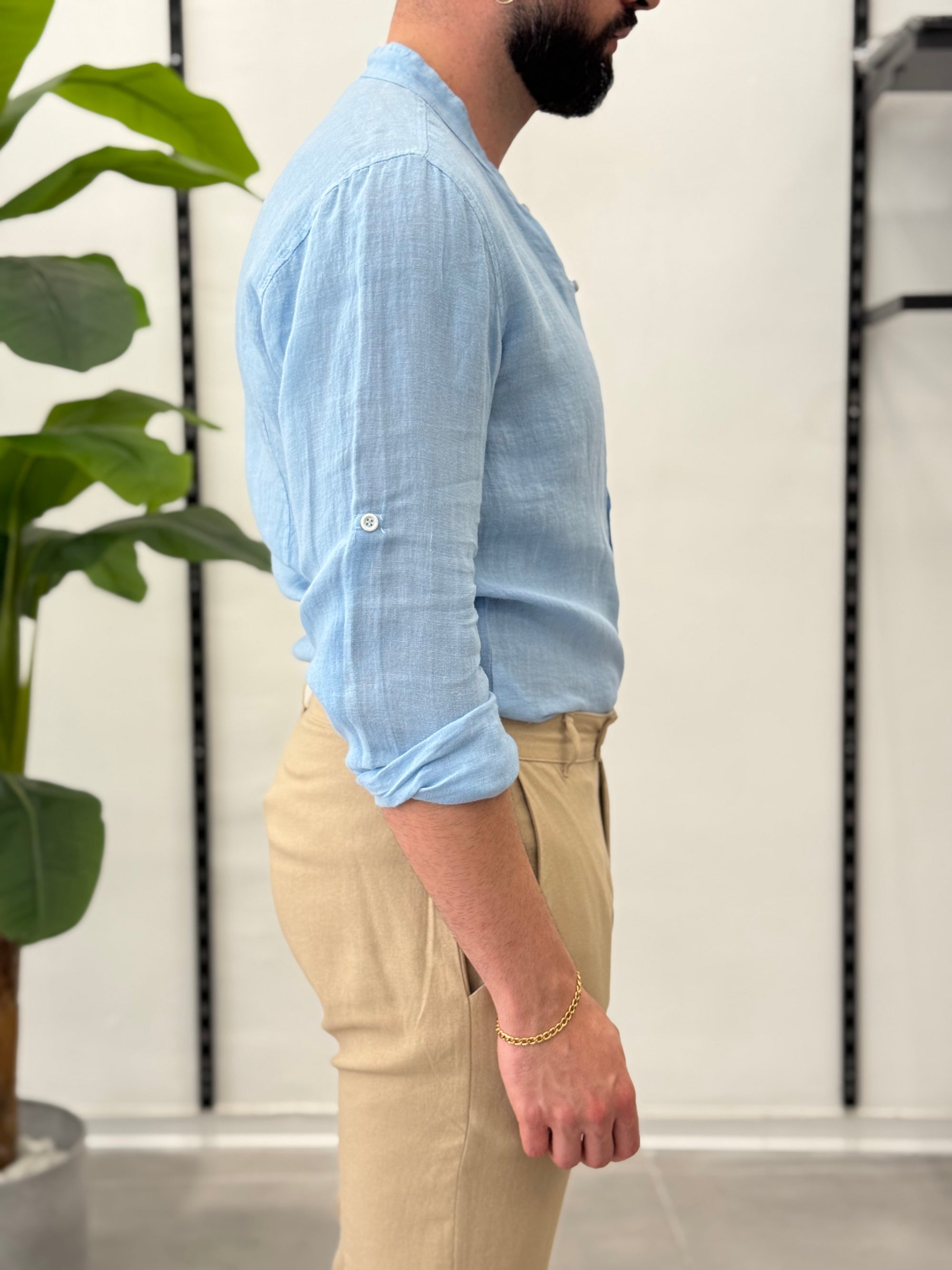 Linen Shirt with Korean Collar 