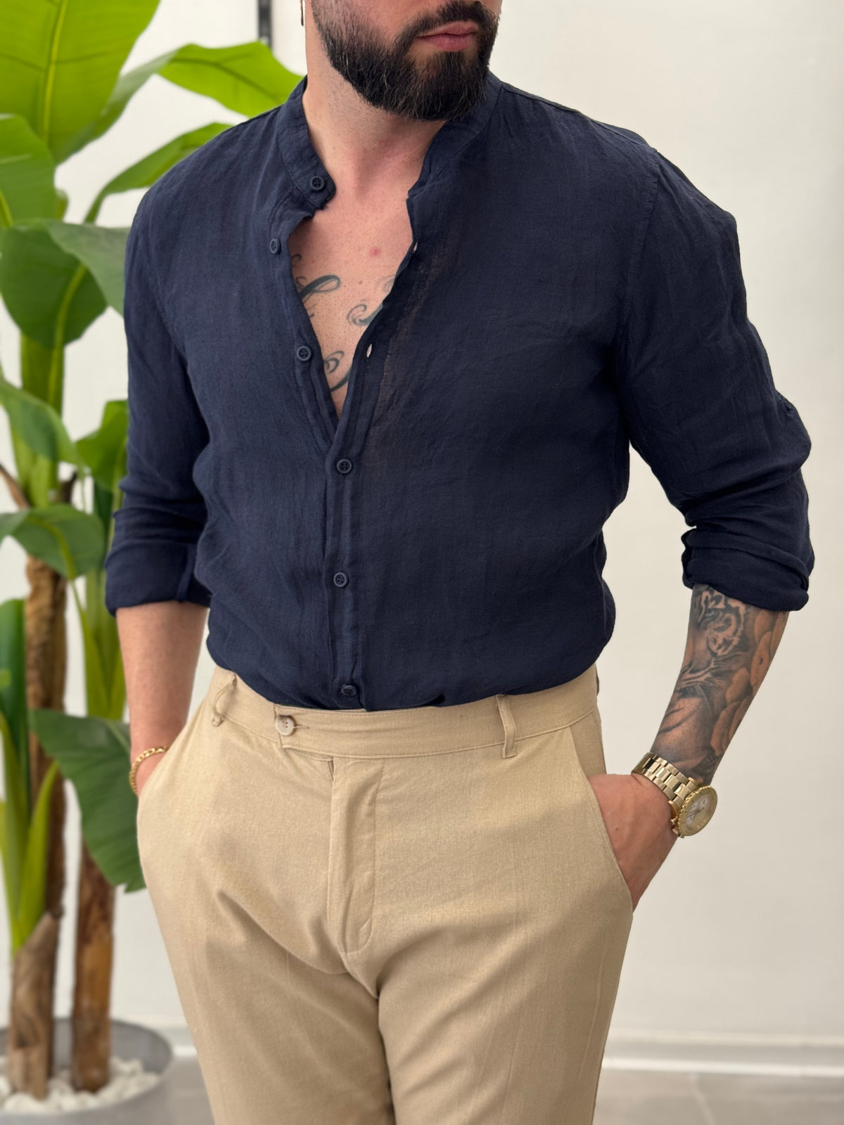 Linen Shirt with Korean Collar 