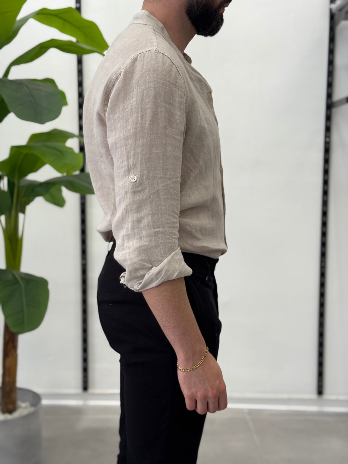 Linen Shirt with Korean Collar 