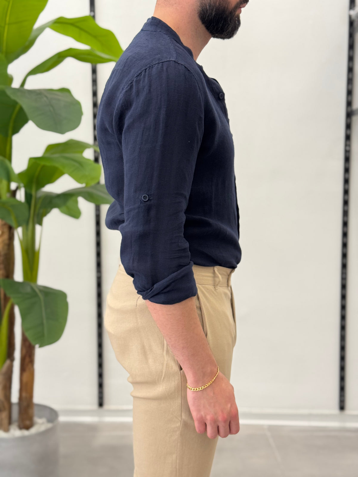 Linen Shirt with Korean Collar 