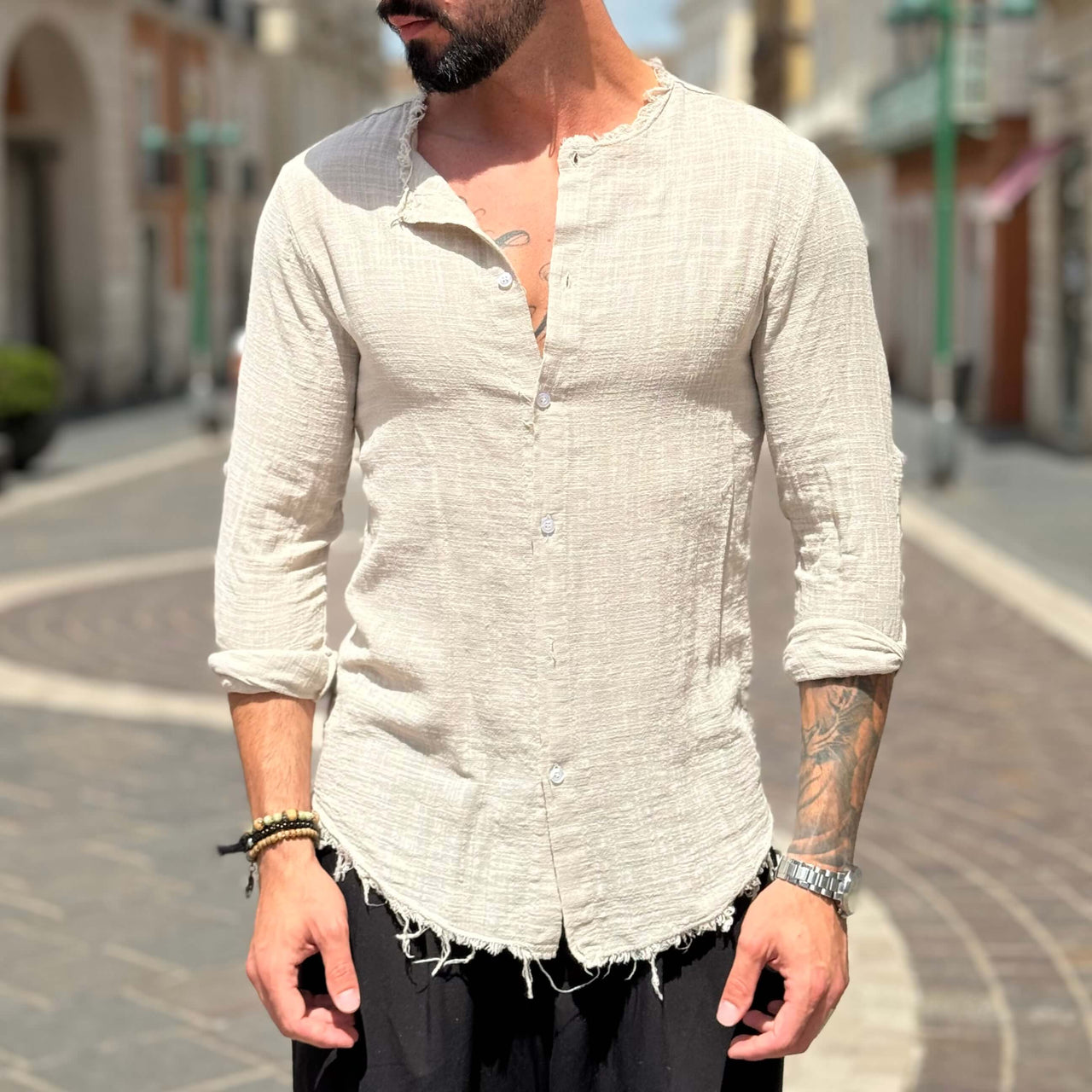 Camicia sabbia con collo sfrangiato - FLAG STORE