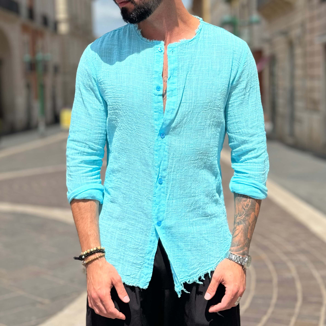 Camicia turchese con collo sfrangiato - FLAG STORE