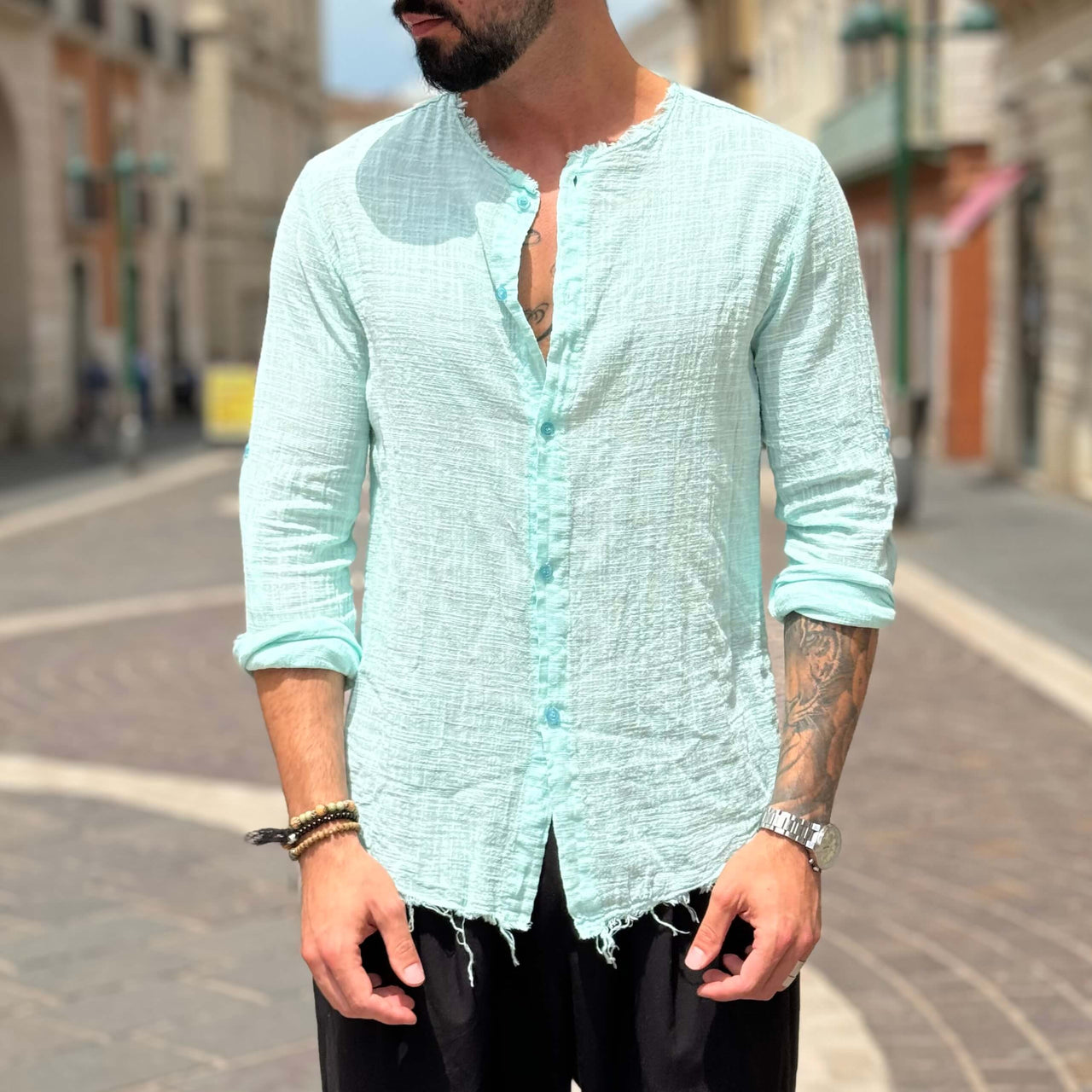 Camicia verde acqua con collo sfrangiato - FLAG STORE