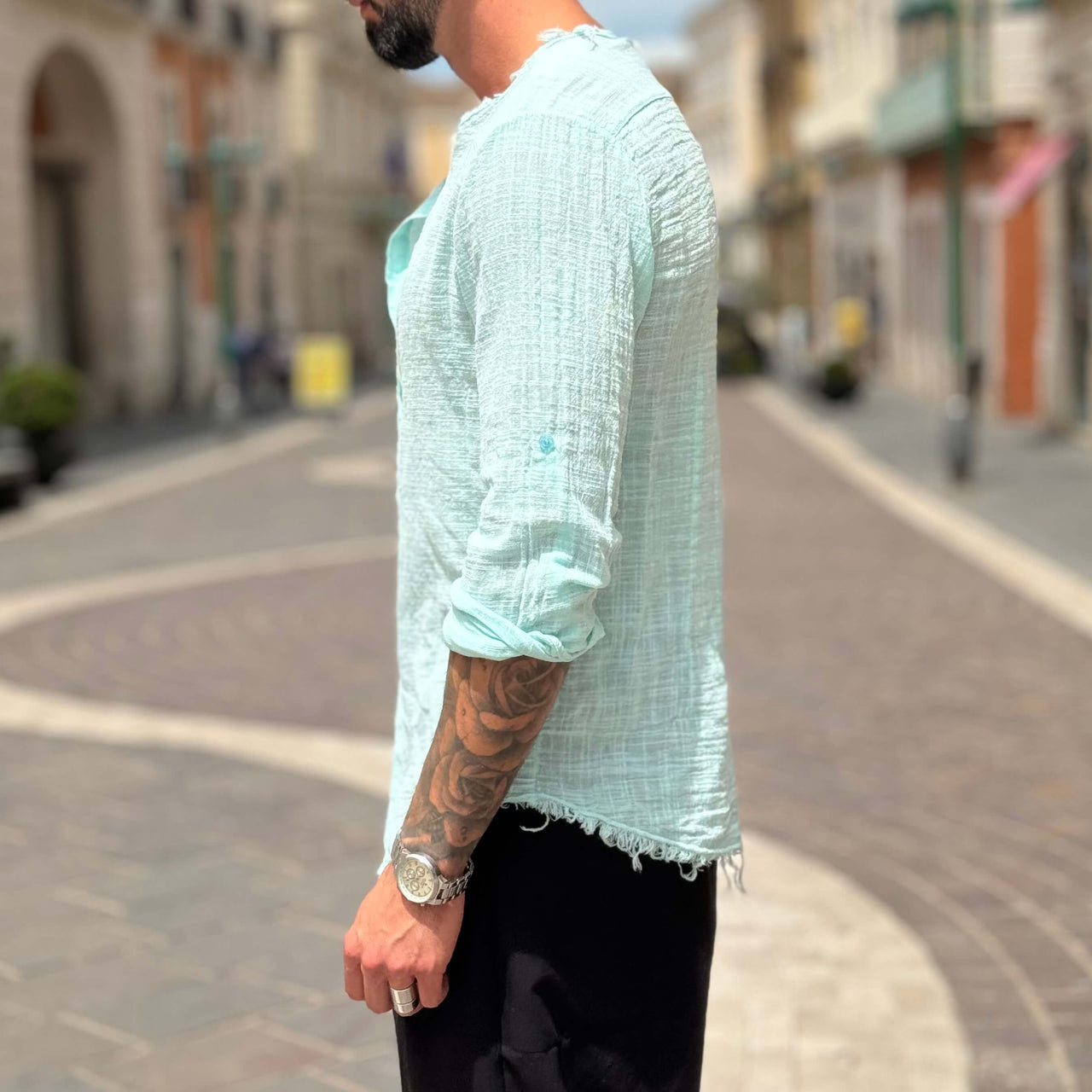 Camicia verde acqua con collo sfrangiato - FLAG STORE