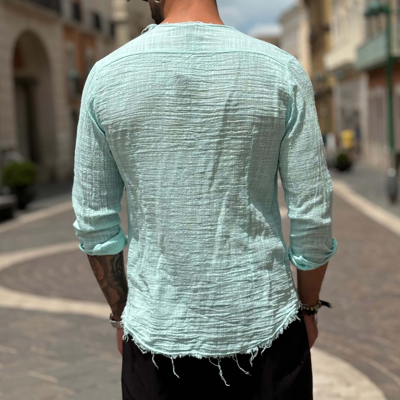 Camicia verde acqua con collo sfrangiato - FLAG STORE