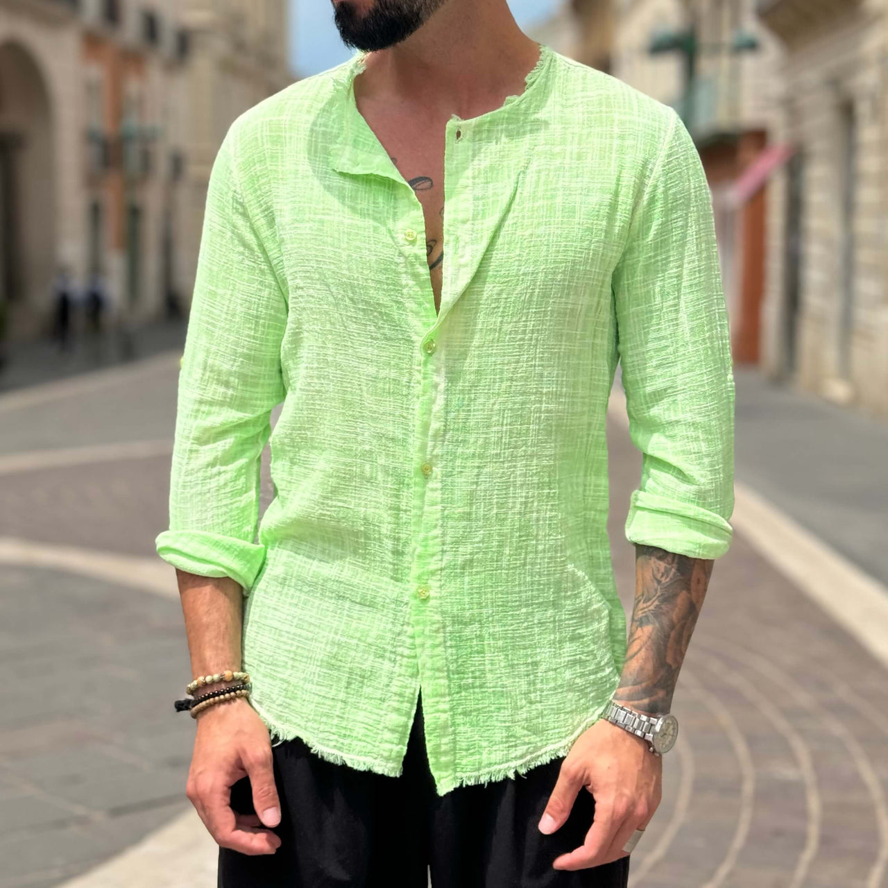 Camicia verde lime con collo sfrangiato - FLAG STORE