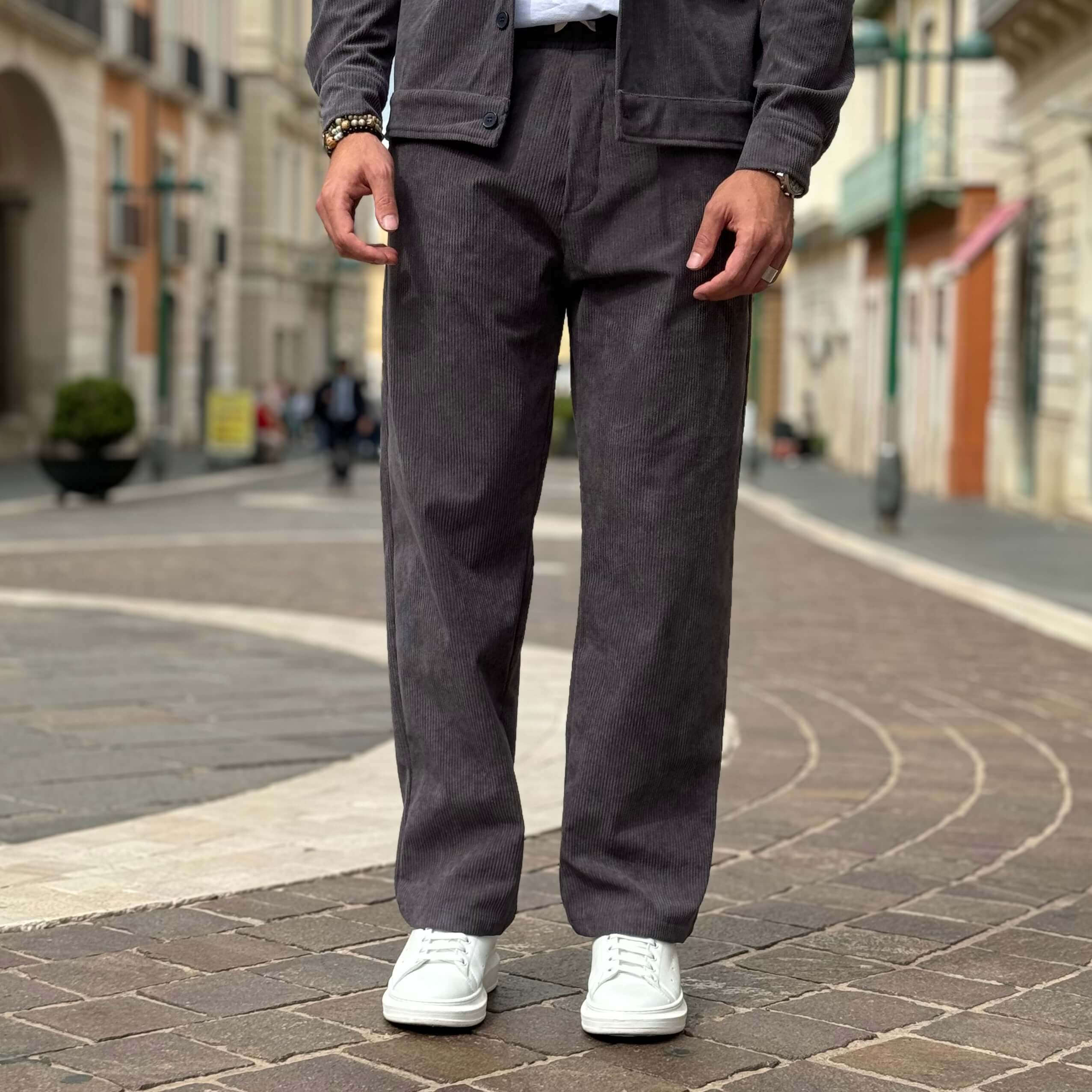 Coordinato in velluto gamba larga grigio - FLAG STORE