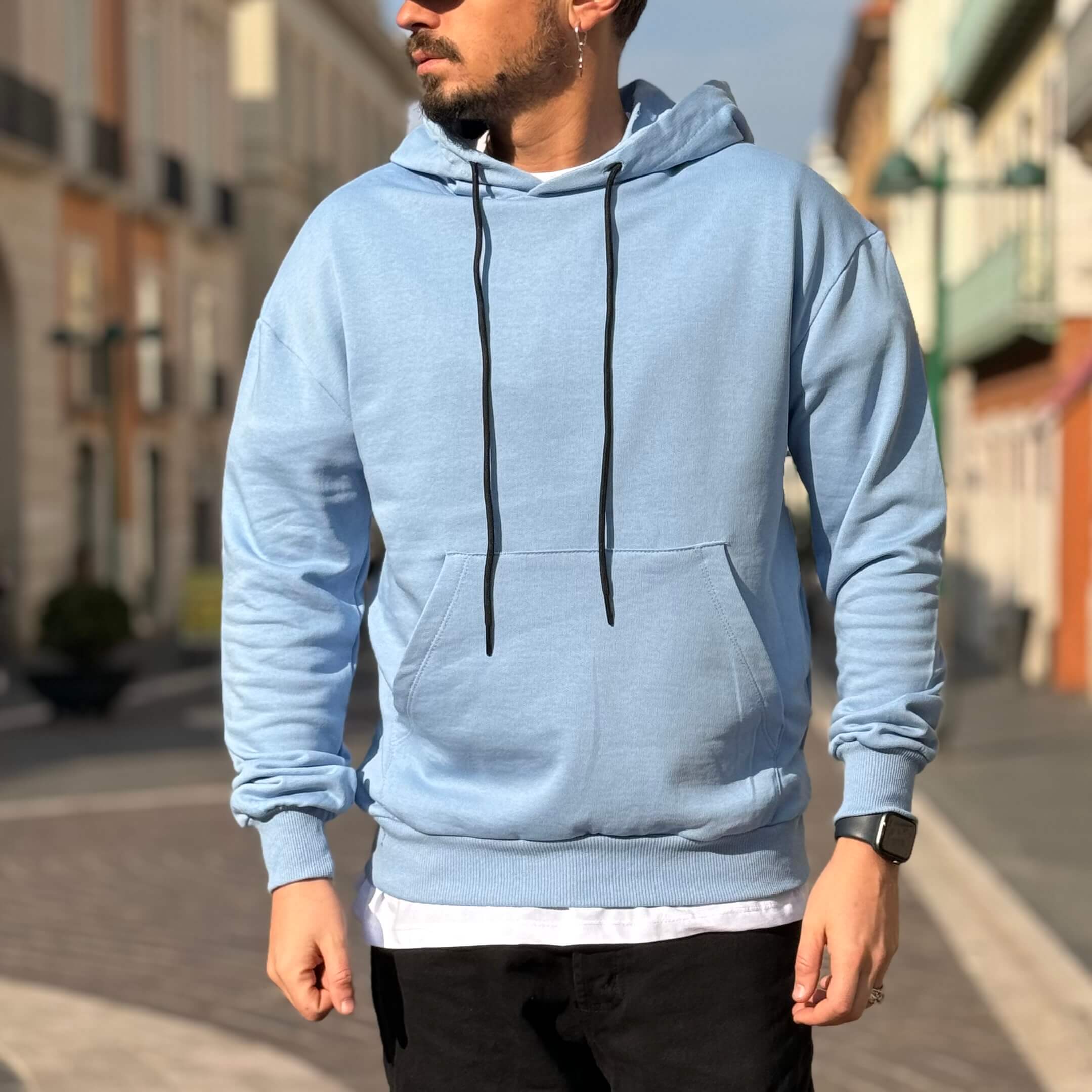Felpa azzurra basic con cappuccio - FLAG STORE