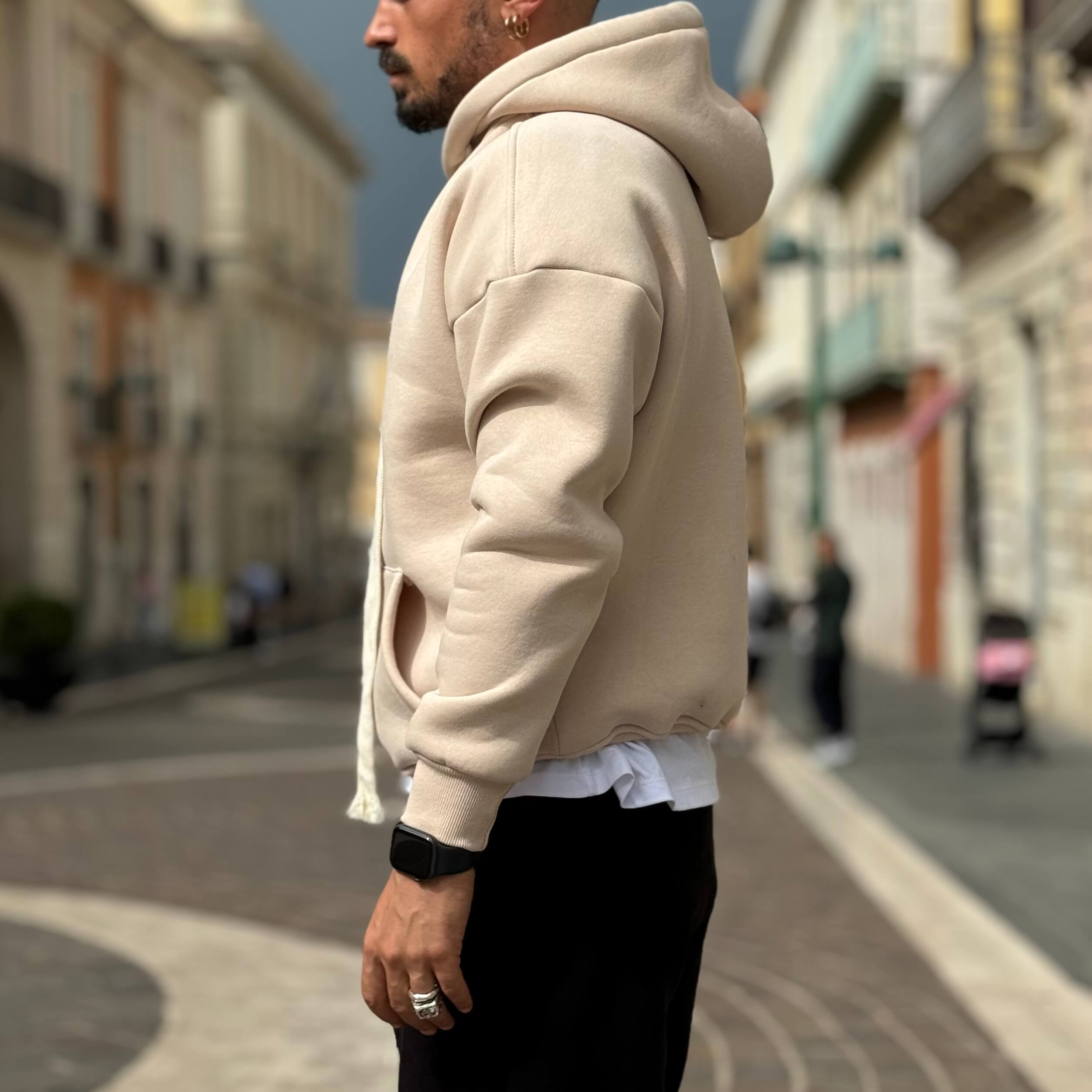 Felpa crema con cappuccio boxy fit - FLAG STORE