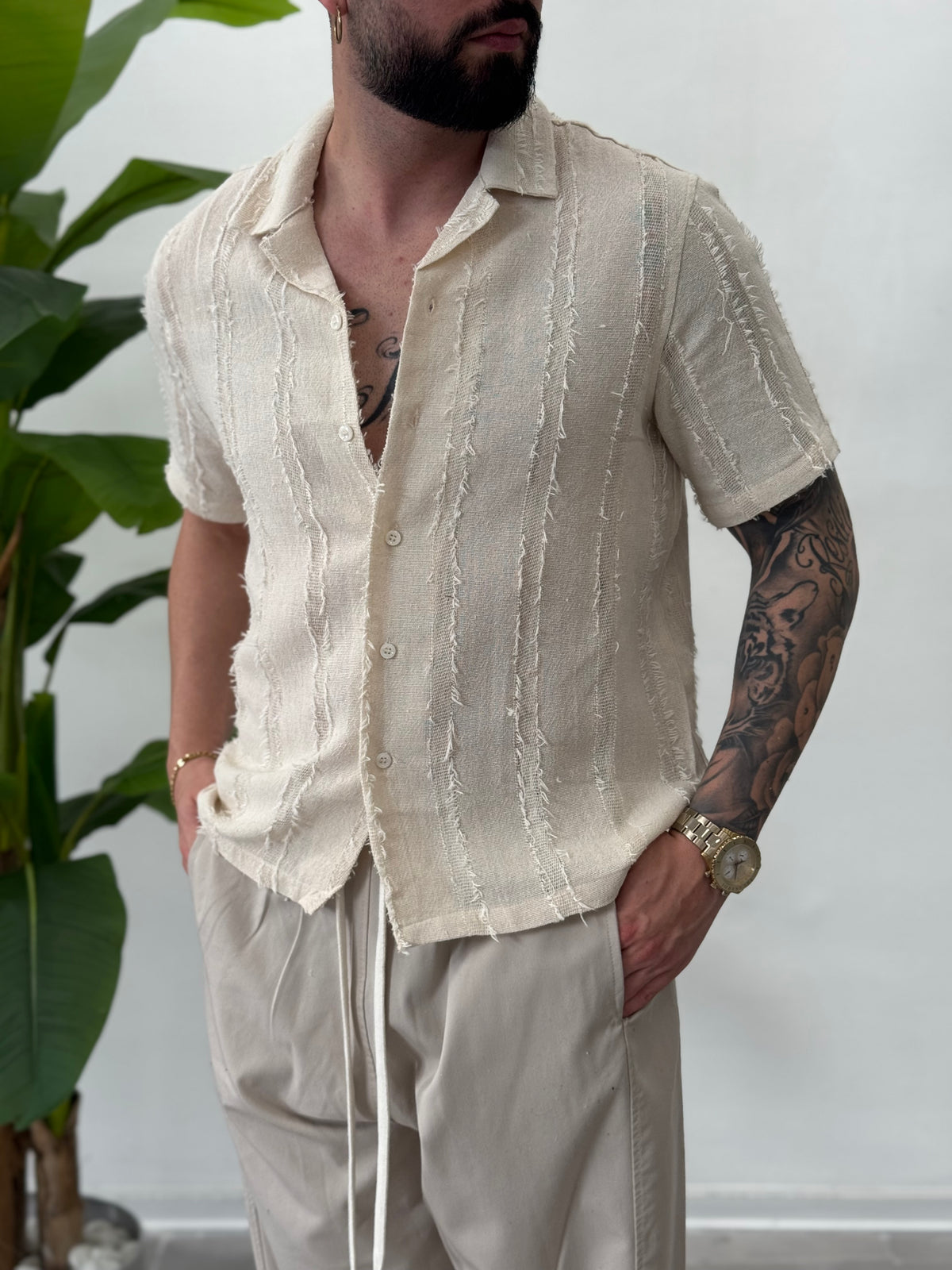 Linen Shirt with Korean Collar 