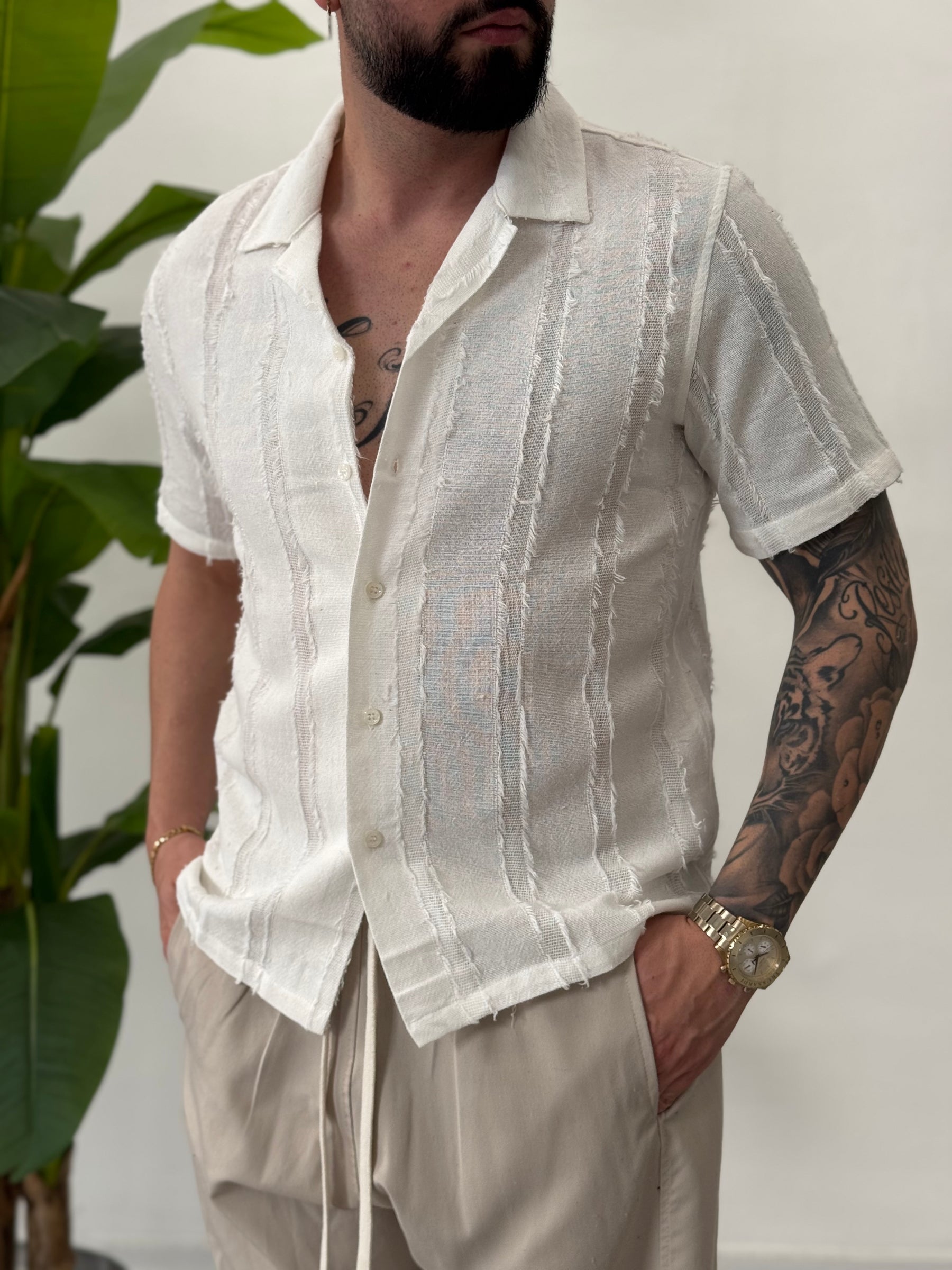 Linen Shirt with Korean Collar 