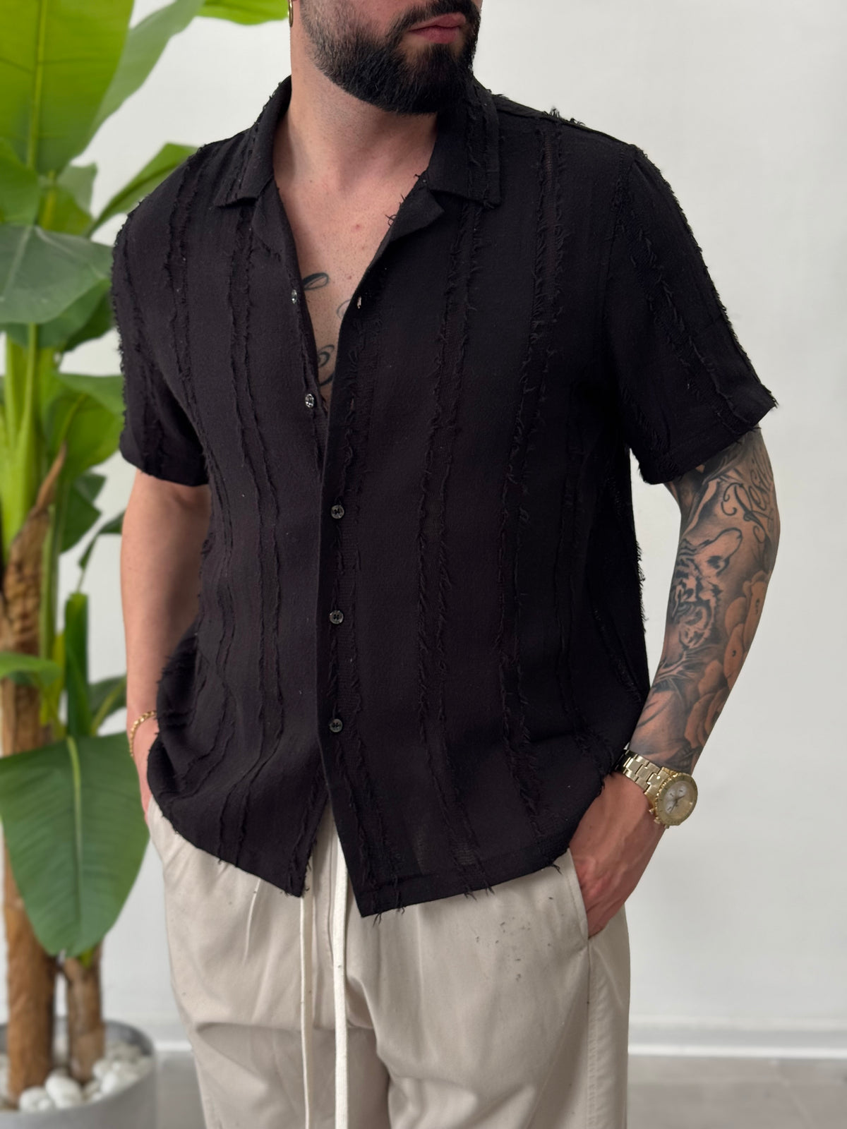 Linen Shirt with Korean Collar 