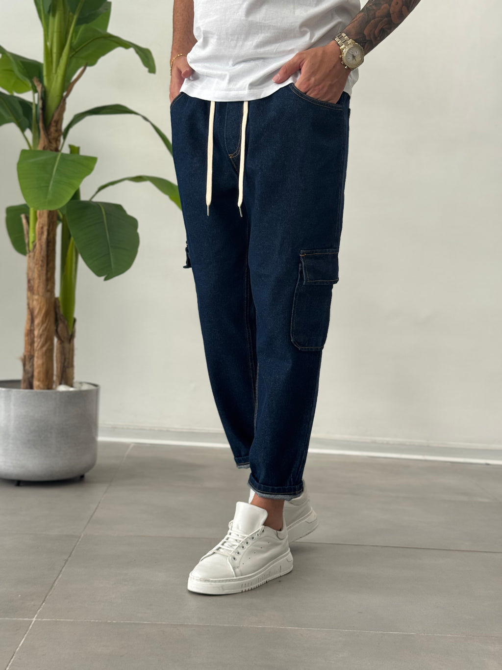 Jeans Cargo con Elastico in Vita Blu Scuro Formentera