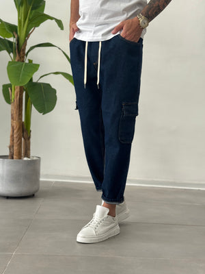 Jeans Cargo con Elastico in Vita Blu Scuro Formentera