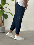 Jeans Cargo con Elastico in Vita Blu Scuro Formentera