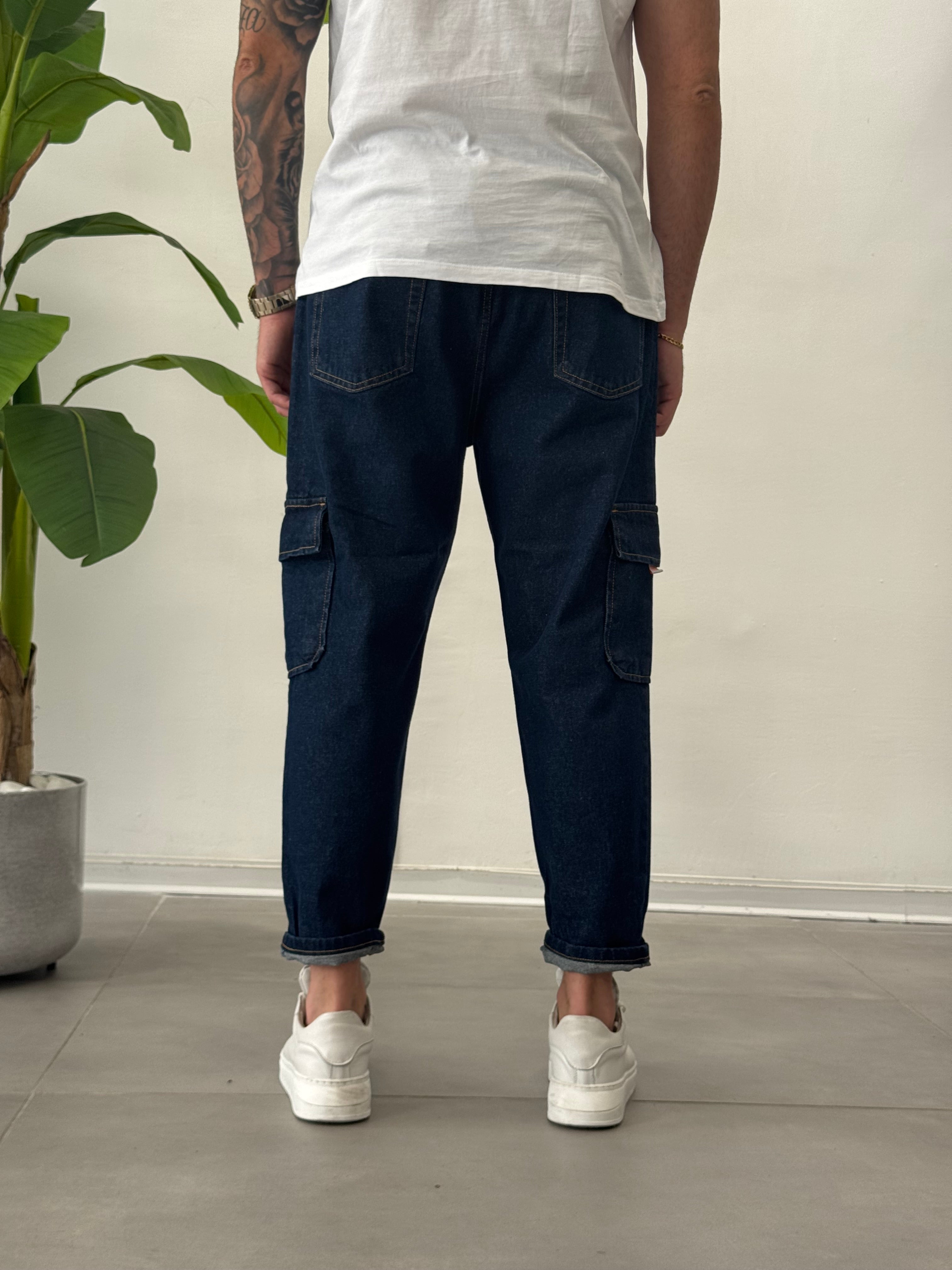 Jeans Cargo con Elastico in Vita Blu Scuro Formentera
