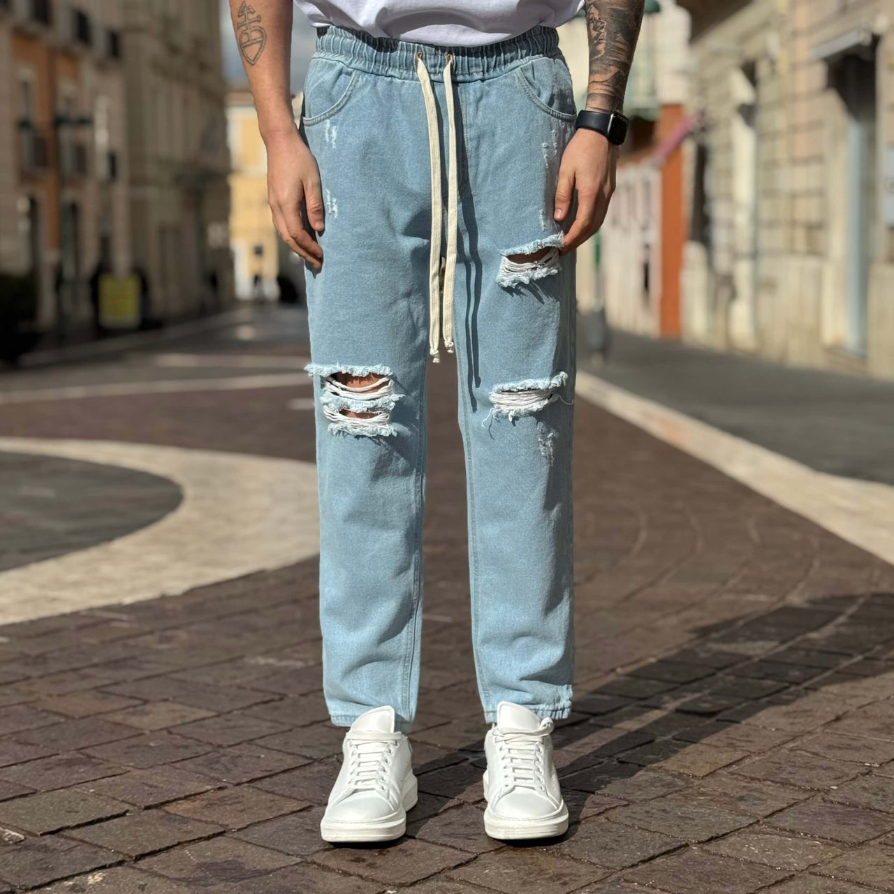 Jeans con elastico azzurro strappato Dybala regular fit - FLAG STORE