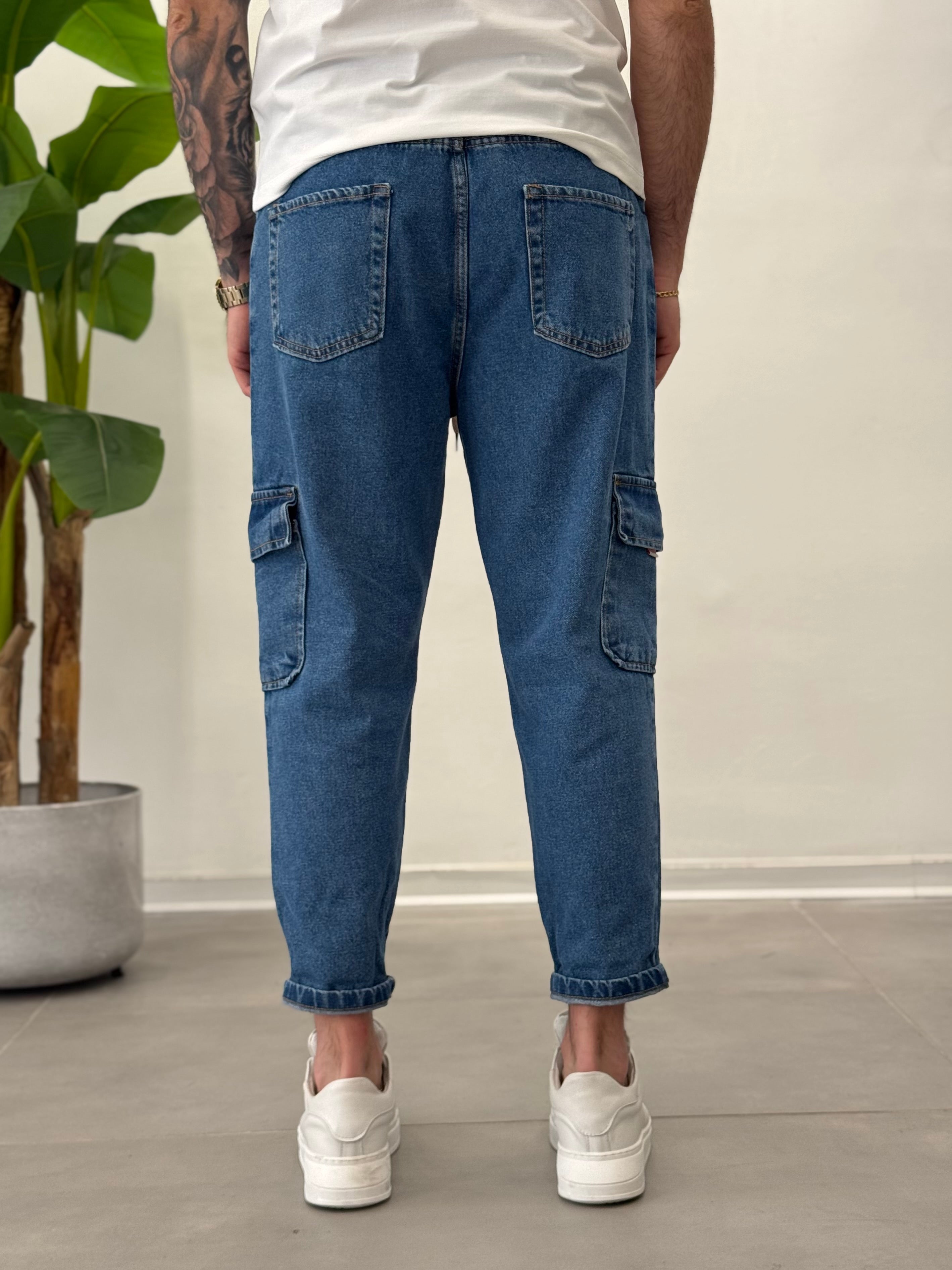 Jeans Cargo con Elastico in Vita Blu Formentera