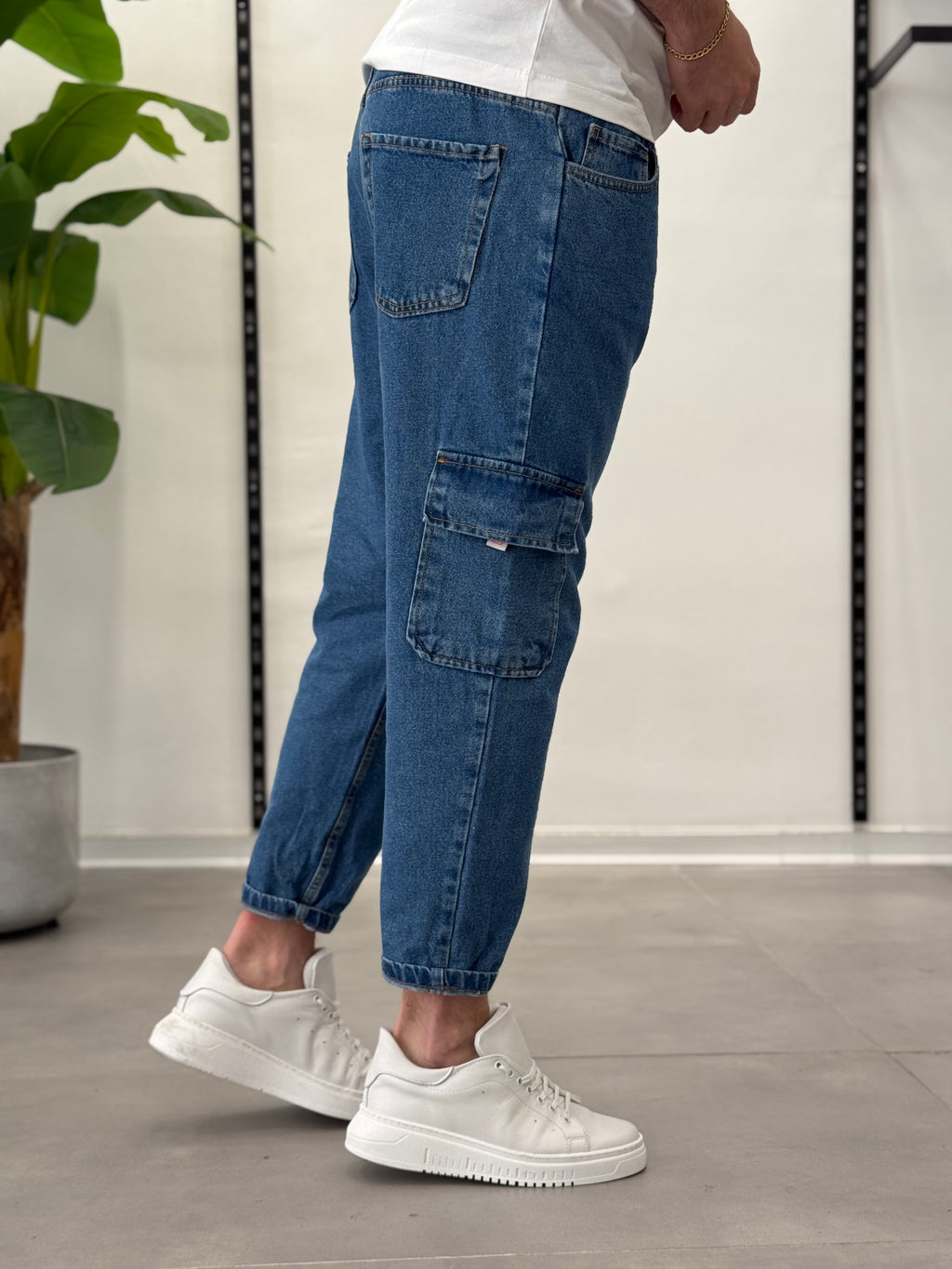 Jeans Cargo con Elastico in Vita Blu Formentera