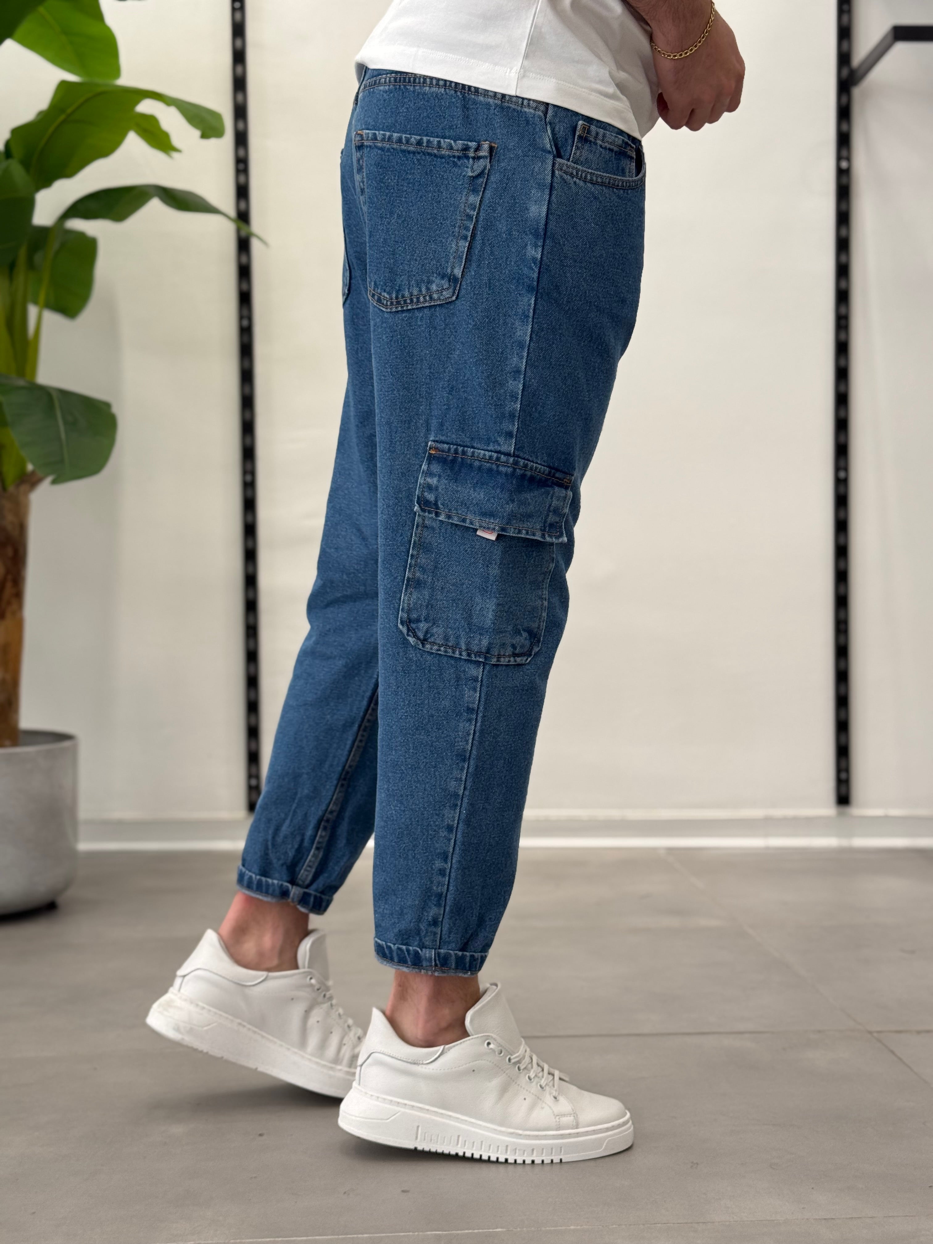 Jeans Cargo con Elastico in Vita Blu Formentera