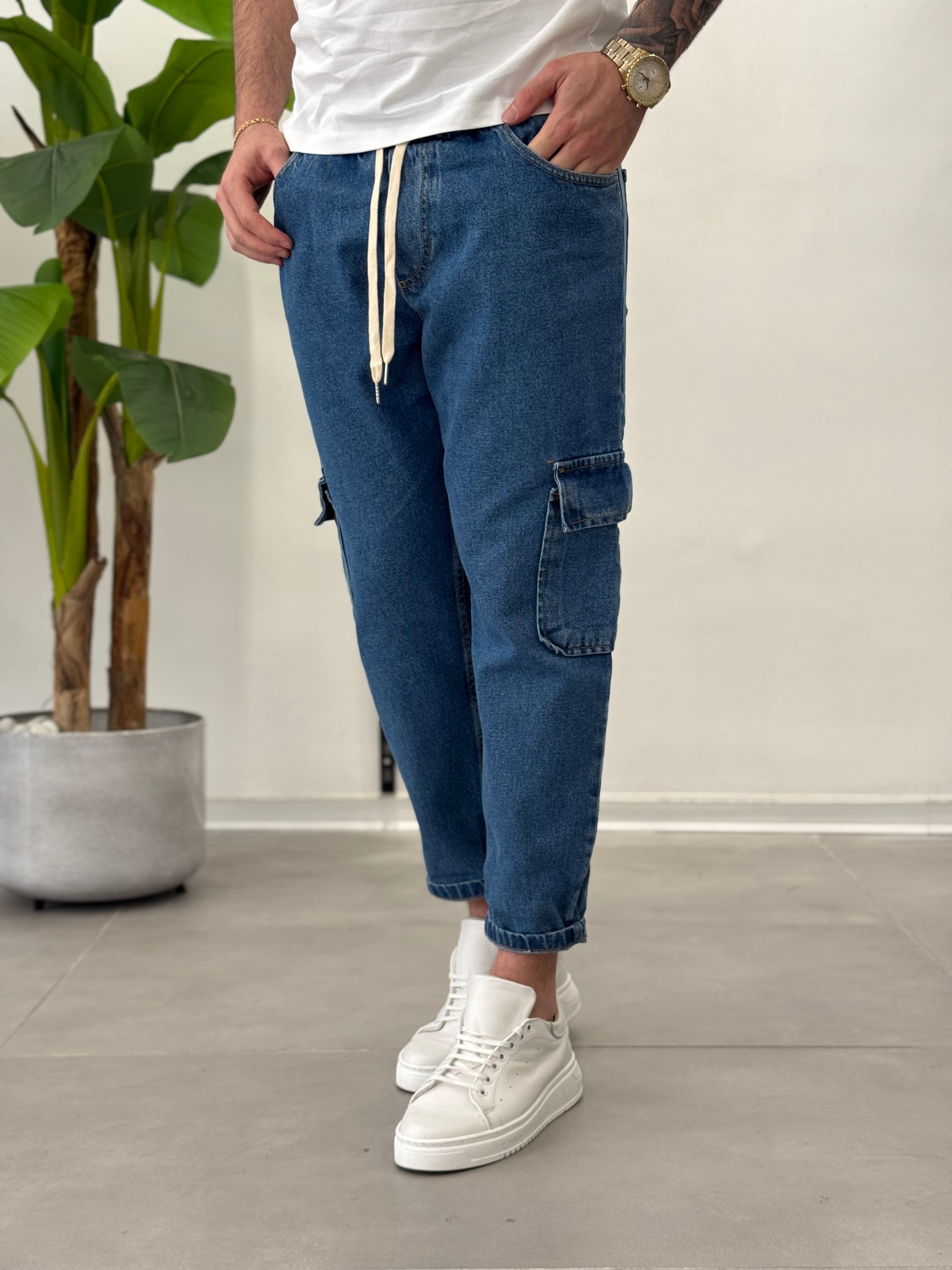 Jeans Cargo con Elastico in Vita Blu Formentera