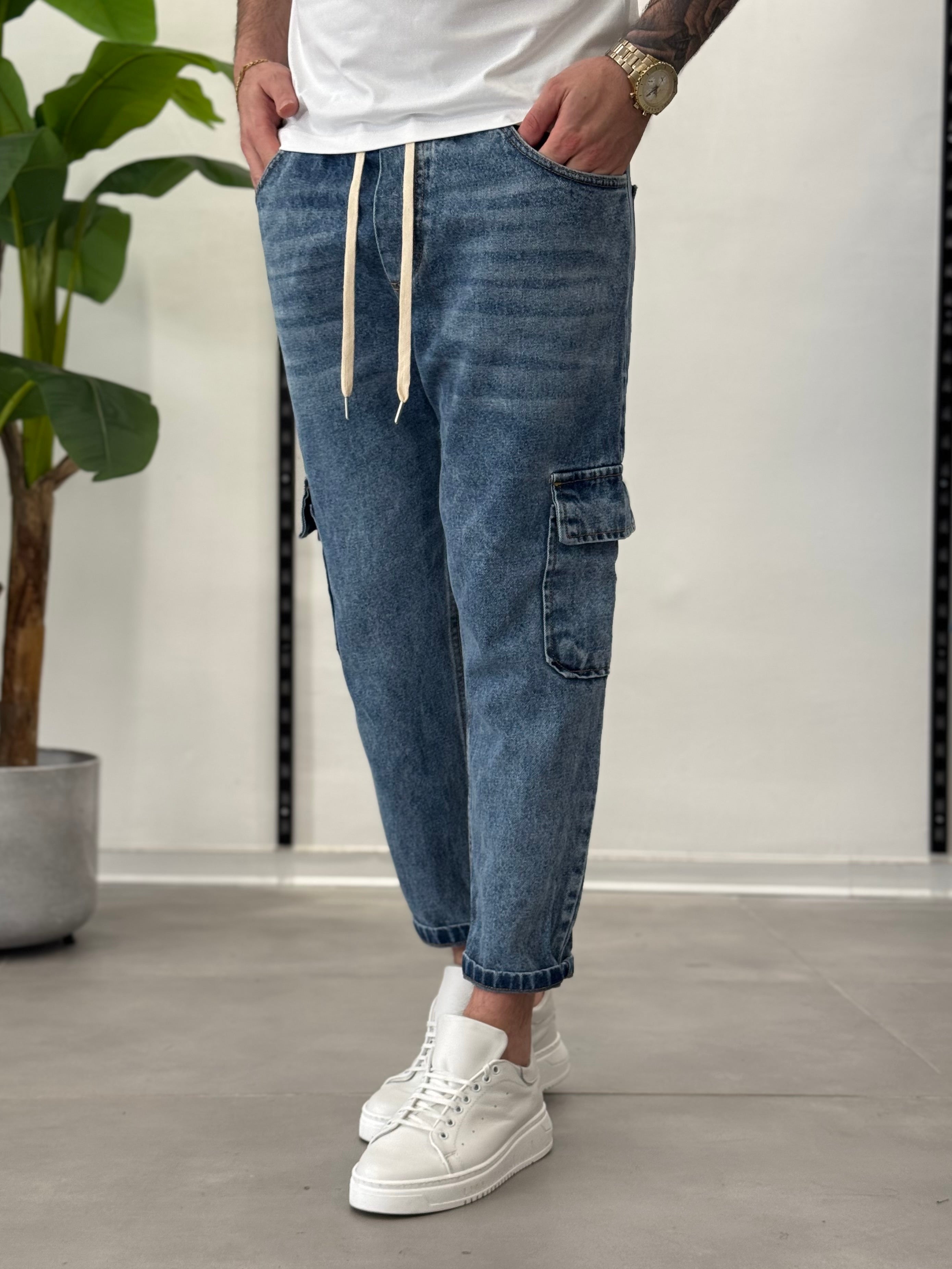 Jeans Cargo con Elastico in Vita Marmorizzato Formentera