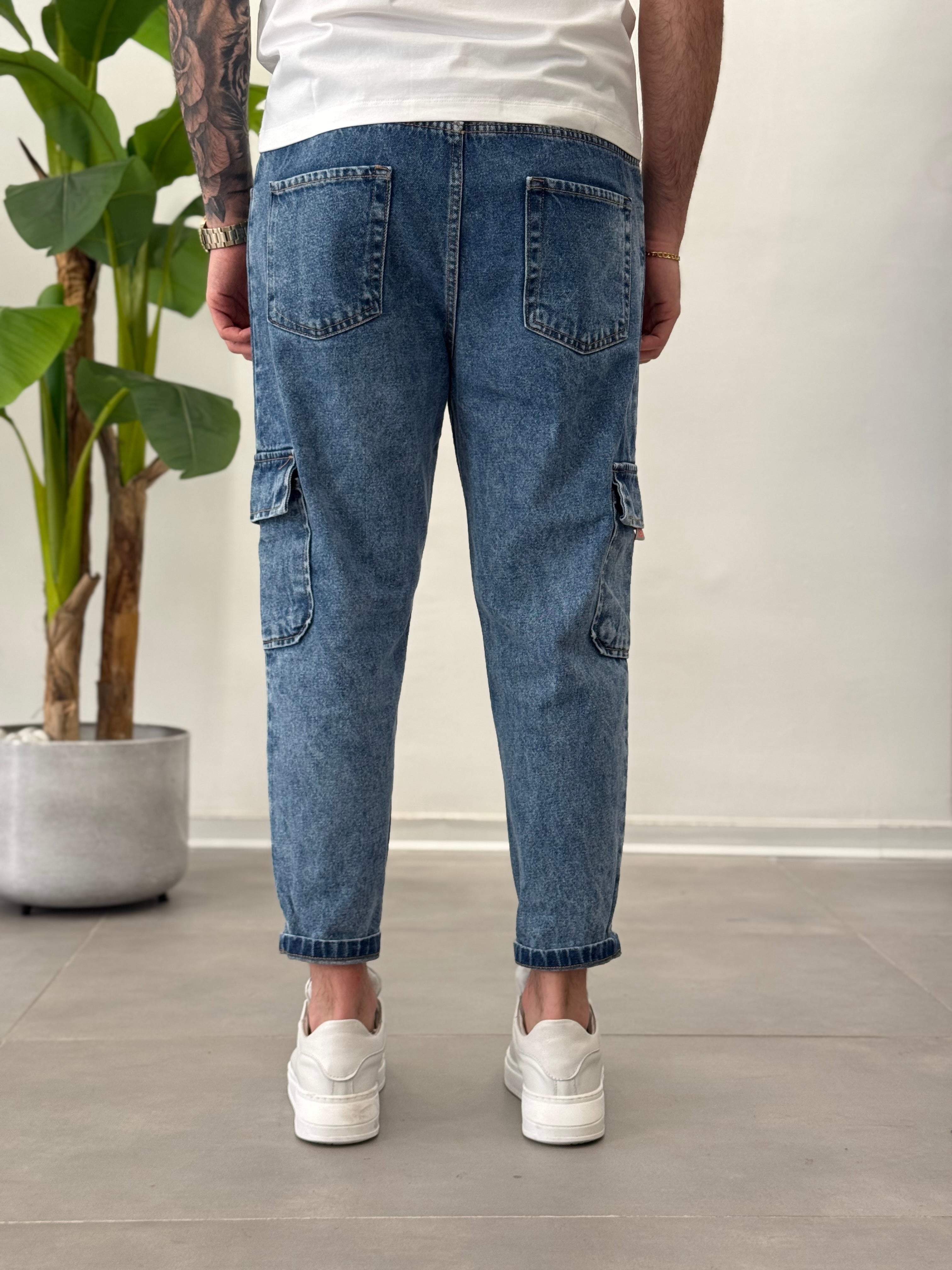 Jeans Cargo con Elastico in Vita Marmorizzato Formentera