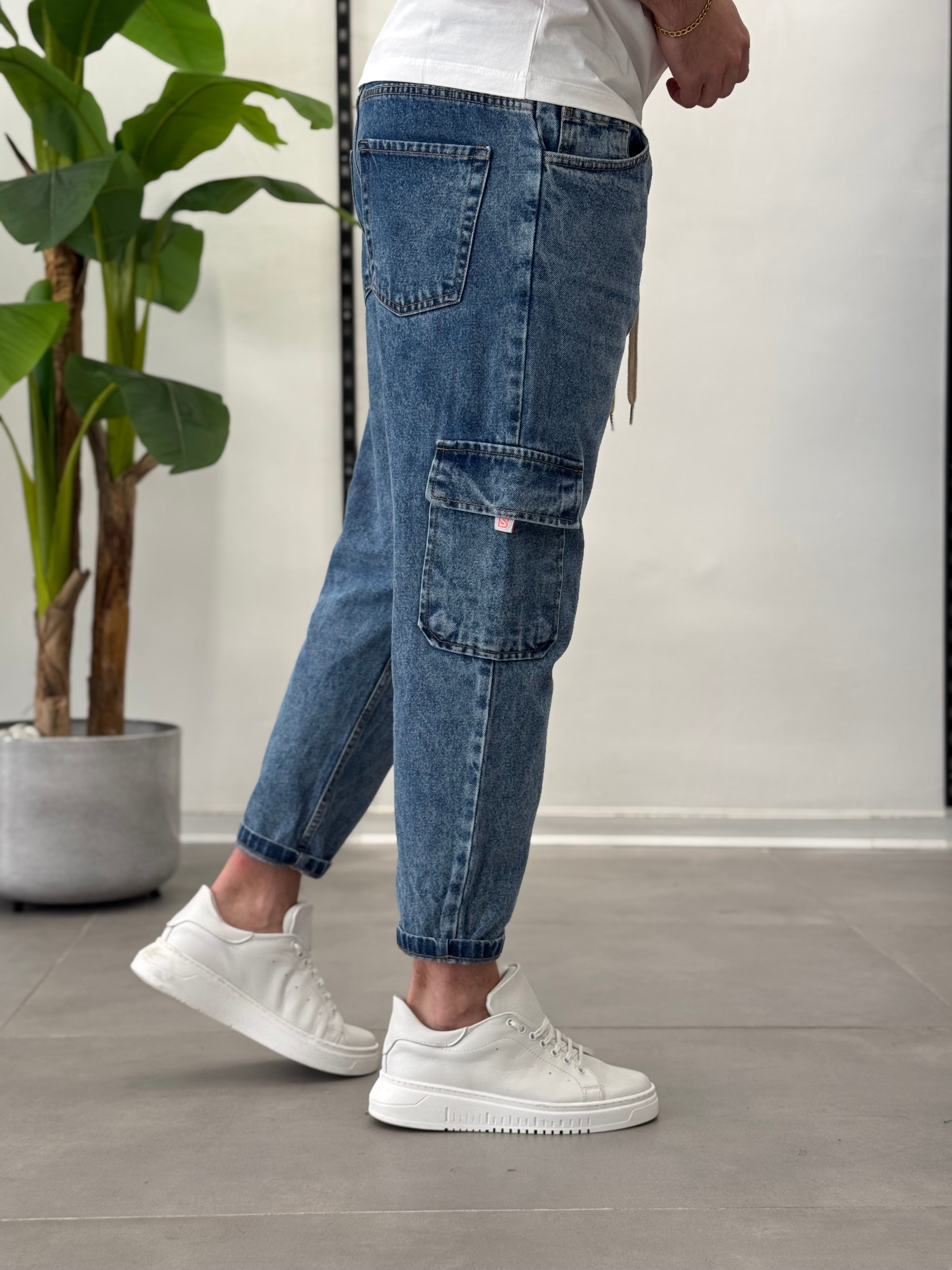 Jeans Cargo con Elastico in Vita Marmorizzato Formentera