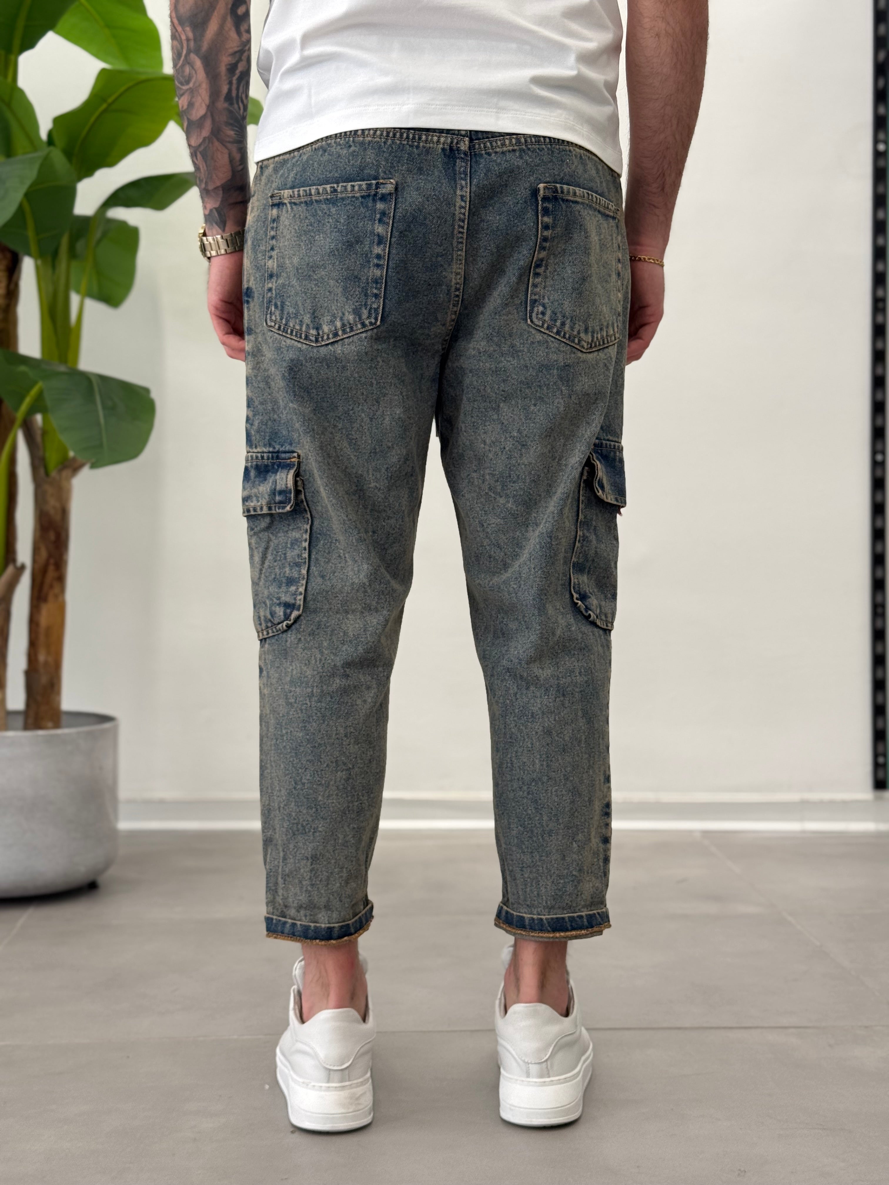 Jeans Cargo con Elastico in Vita Vintage Formentera