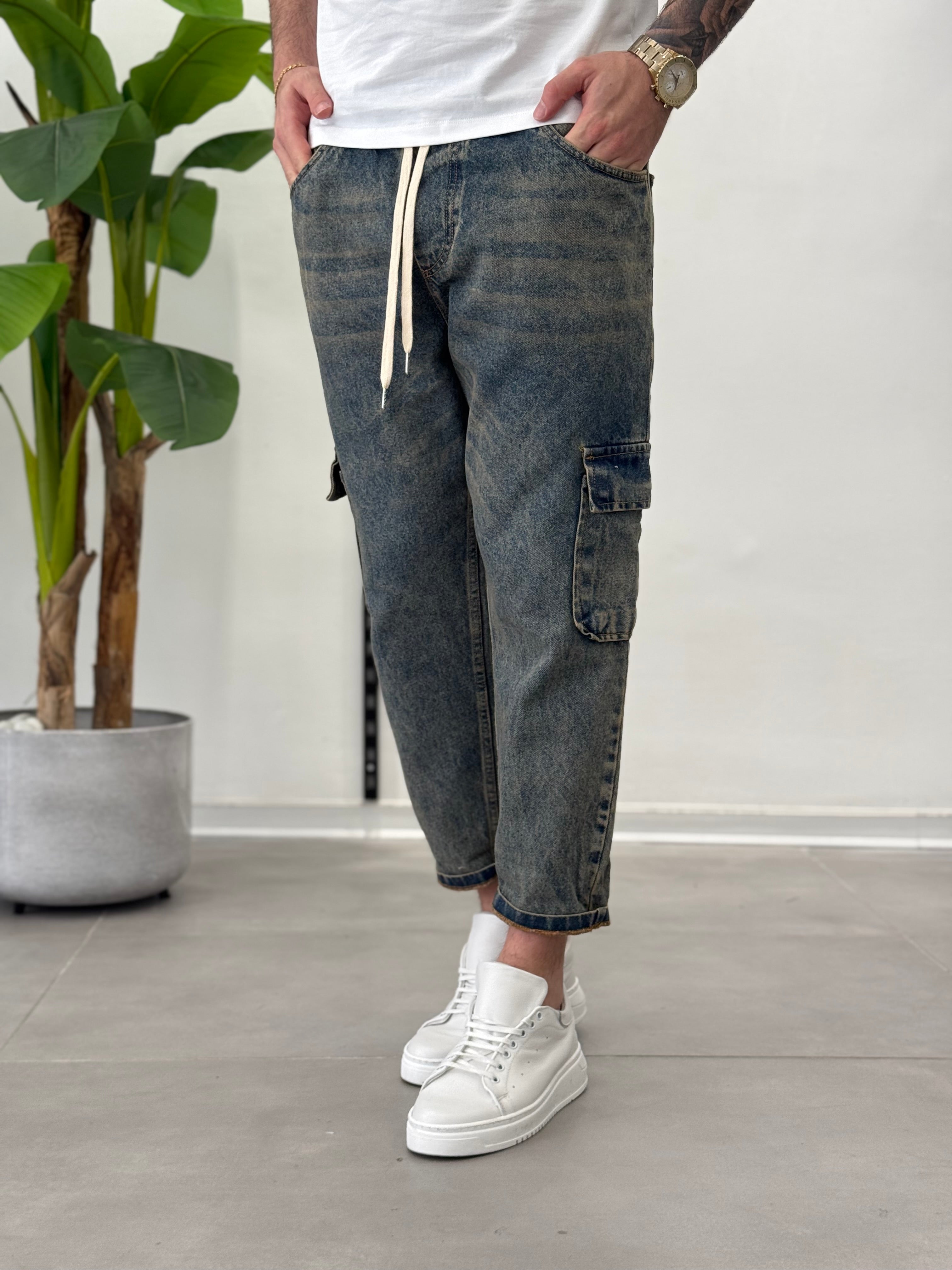 Jeans Cargo con Elastico in Vita Vintage Formentera