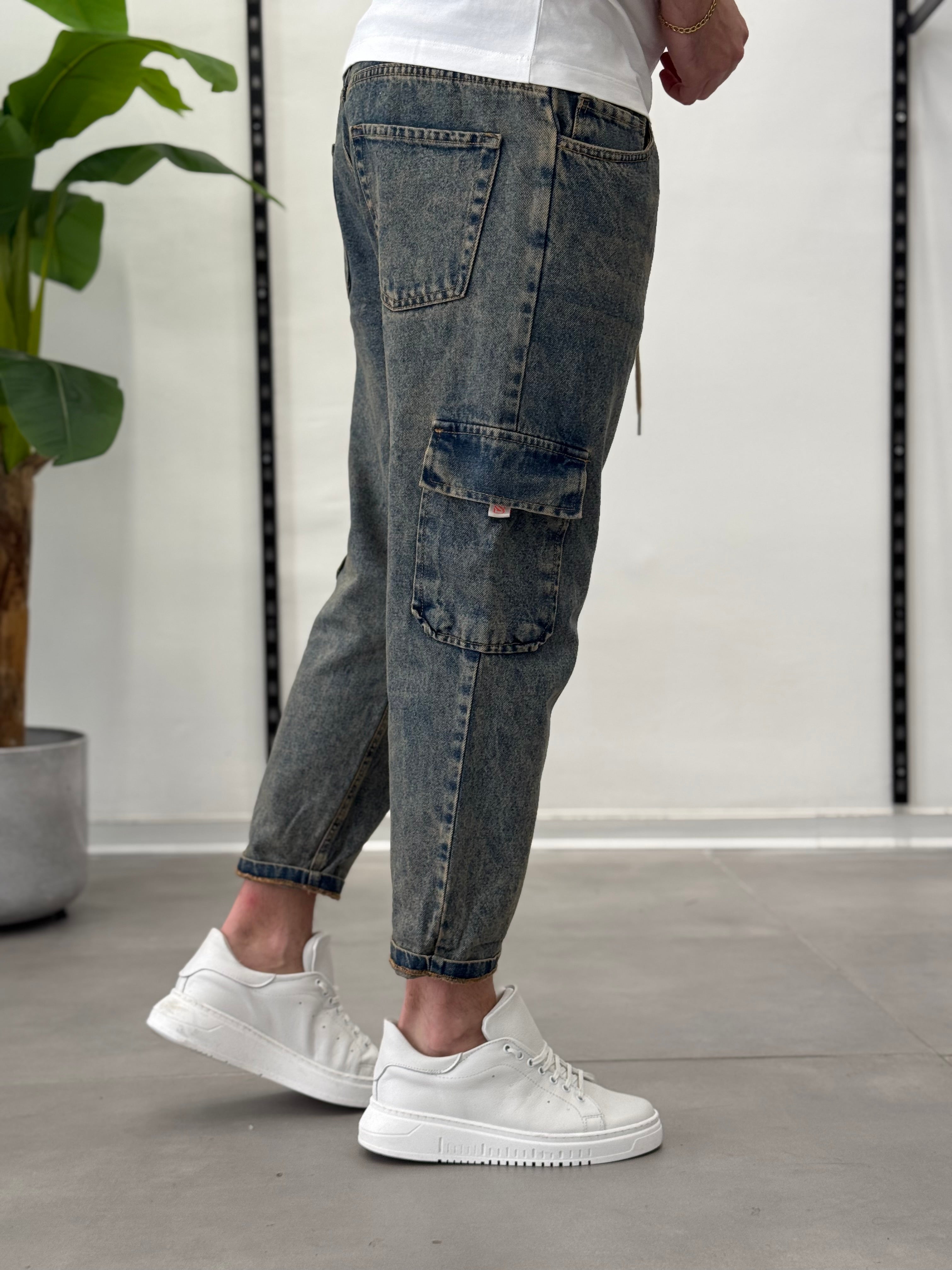 Jeans Cargo con Elastico in Vita Vintage Formentera