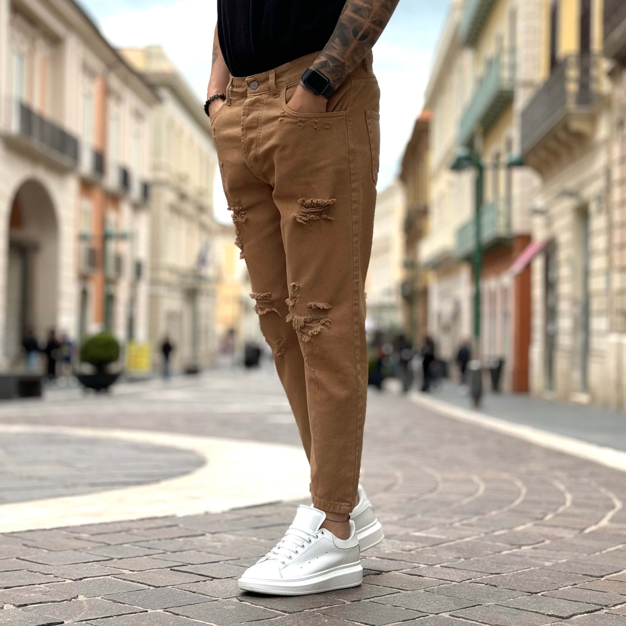 Jeans beige strappato 2.0 regular fit - FLAG STORE