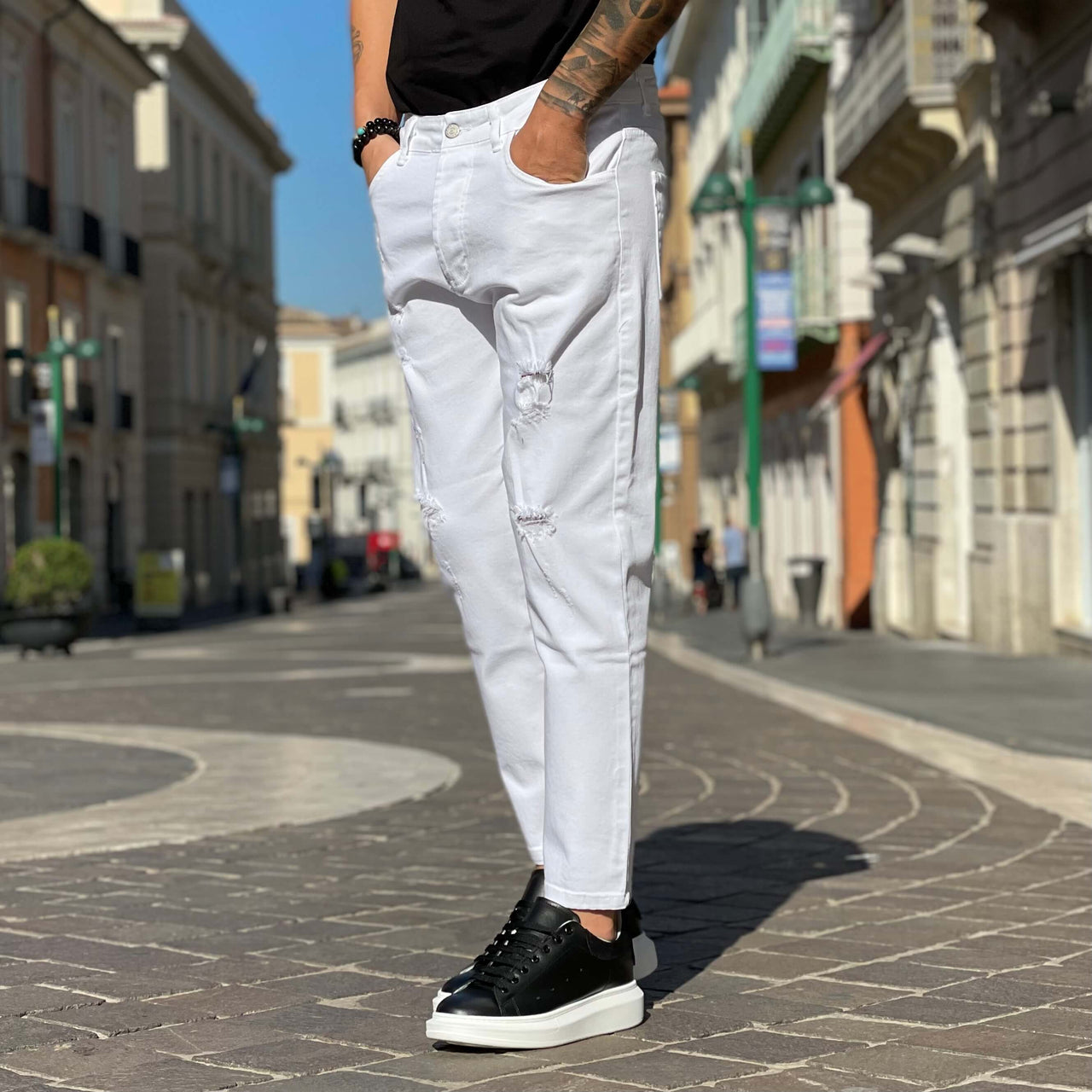 Jeans bianco con strappi regular fit - FLAG STORE