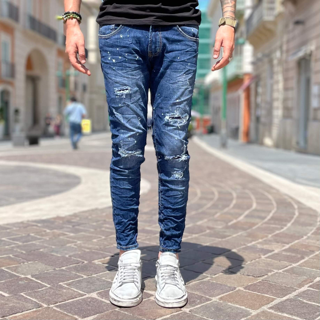Jeans blu skinny fit con strappi e candegginato - FLAG STORE