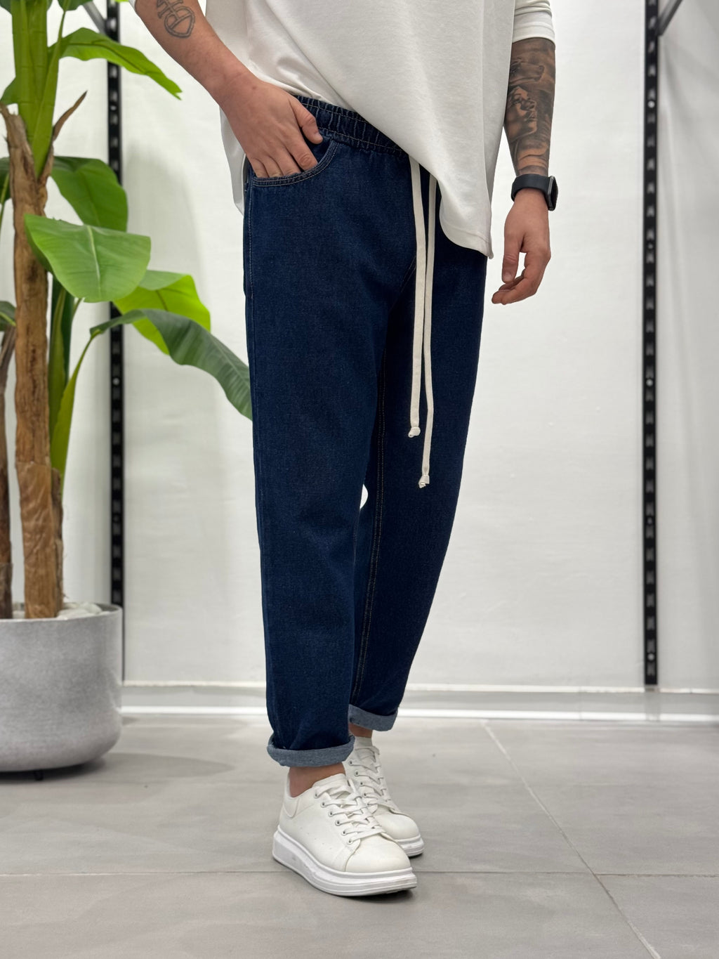 Jeans con Elastico in Vita Blu Wawe